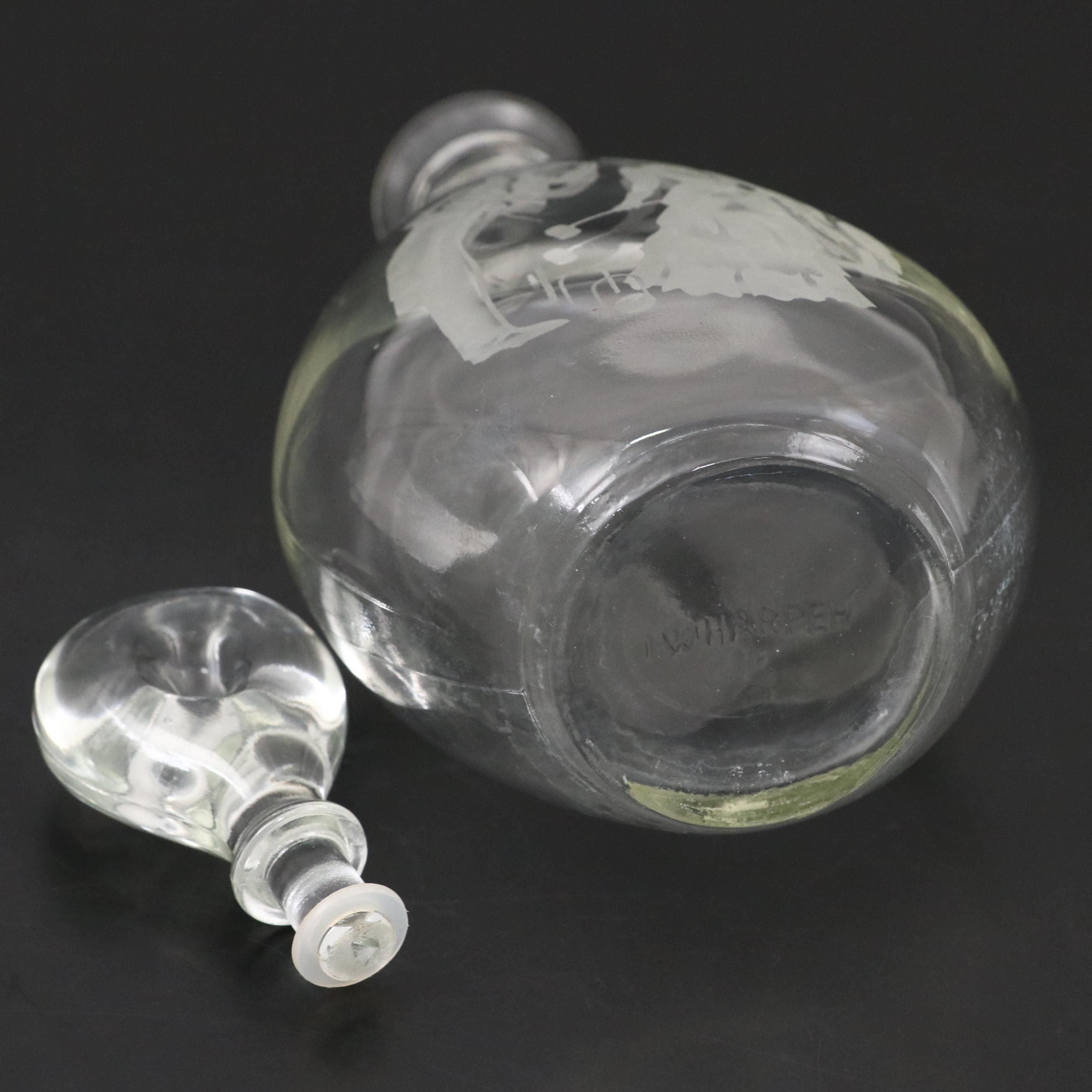 I. W. Harper Glass Decanter with Silver Plate Tray and Coupe Champagne Glasses