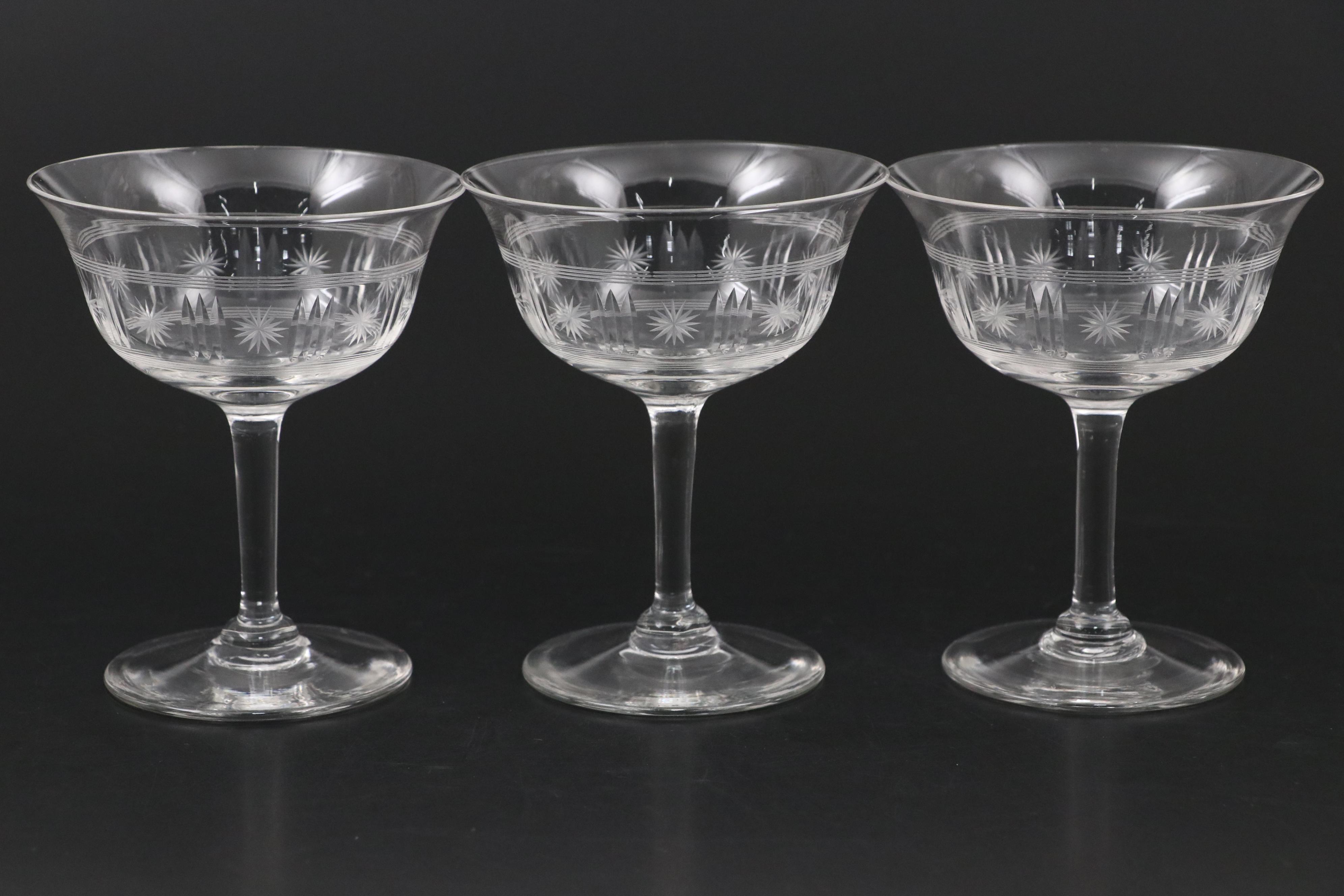 I. W. Harper Glass Decanter with Silver Plate Tray and Coupe Champagne Glasses
