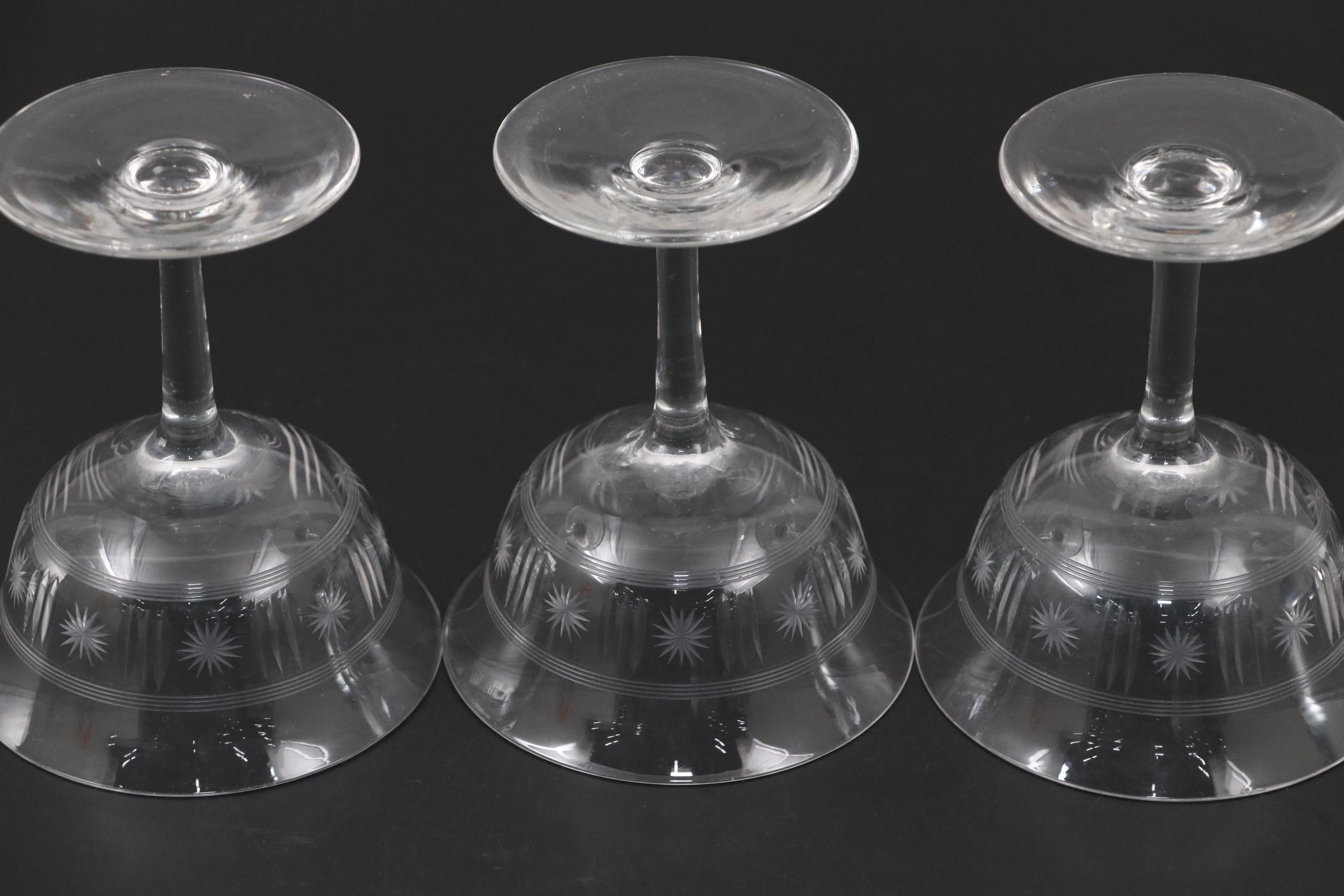 I. W. Harper Glass Decanter with Silver Plate Tray and Coupe Champagne Glasses