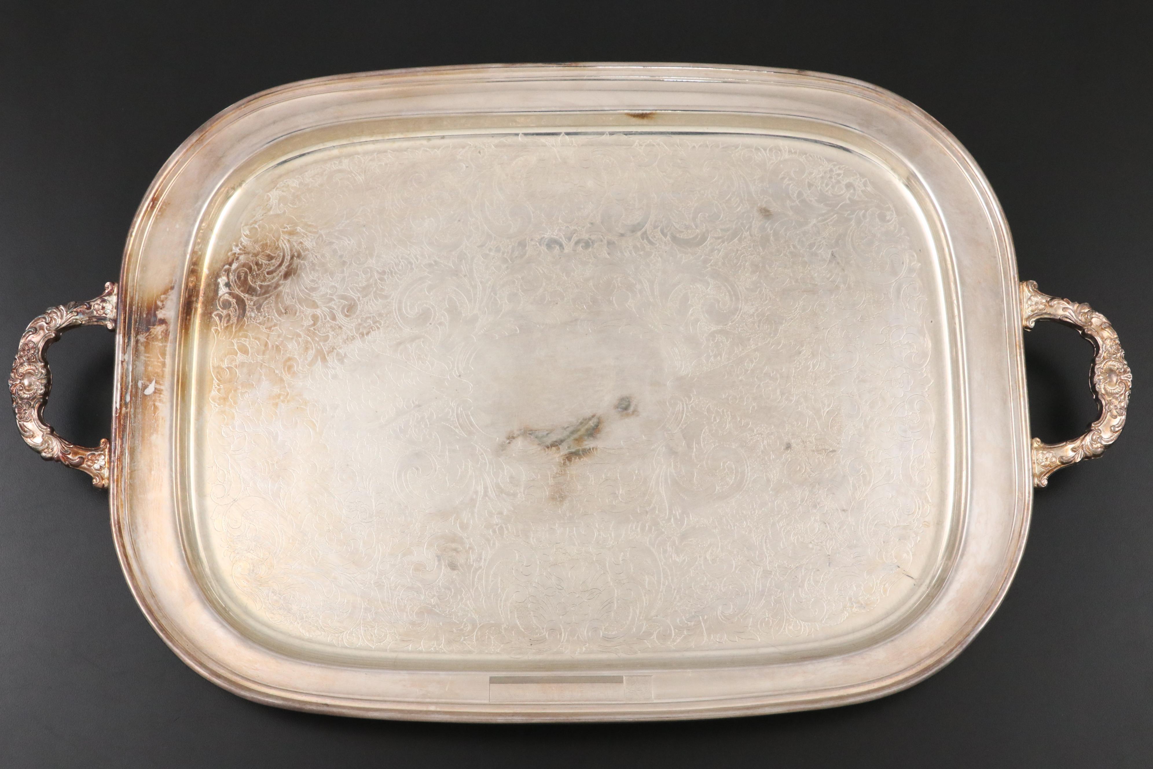 I. W. Harper Glass Decanter with Silver Plate Tray and Coupe Champagne Glasses