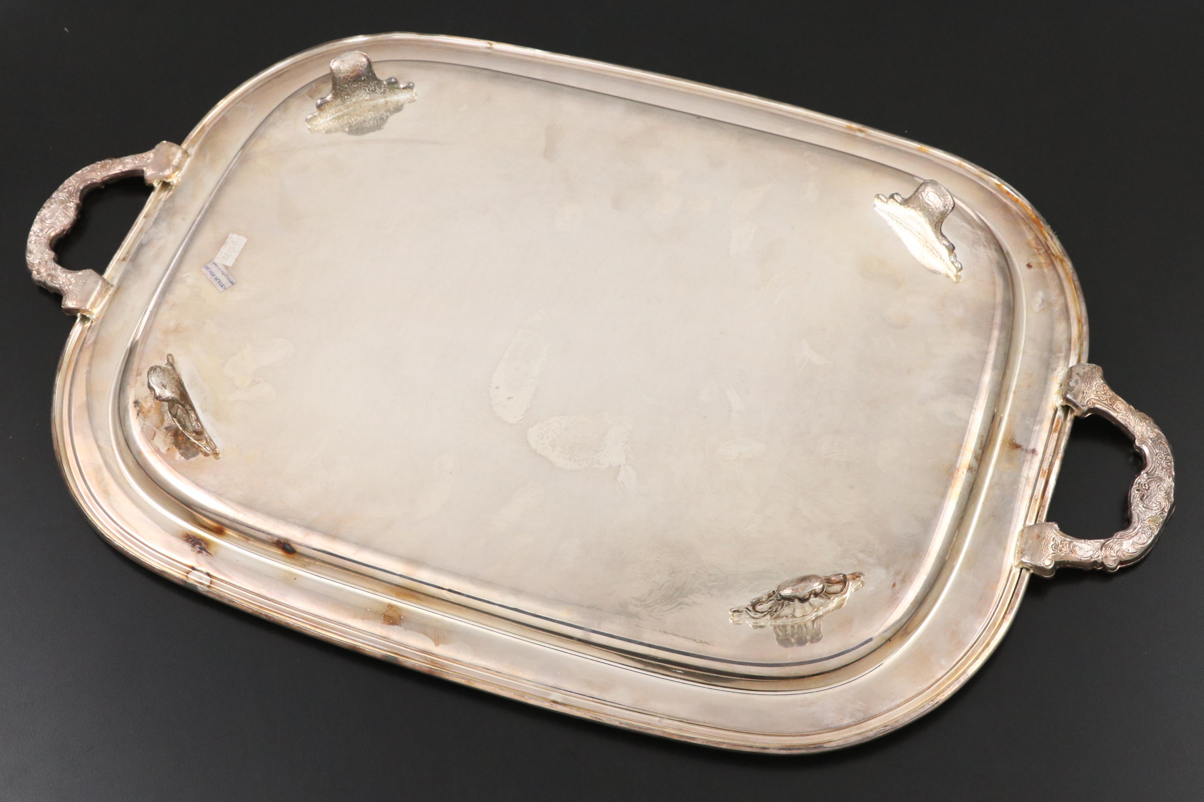 I. W. Harper Glass Decanter with Silver Plate Tray and Coupe Champagne Glasses