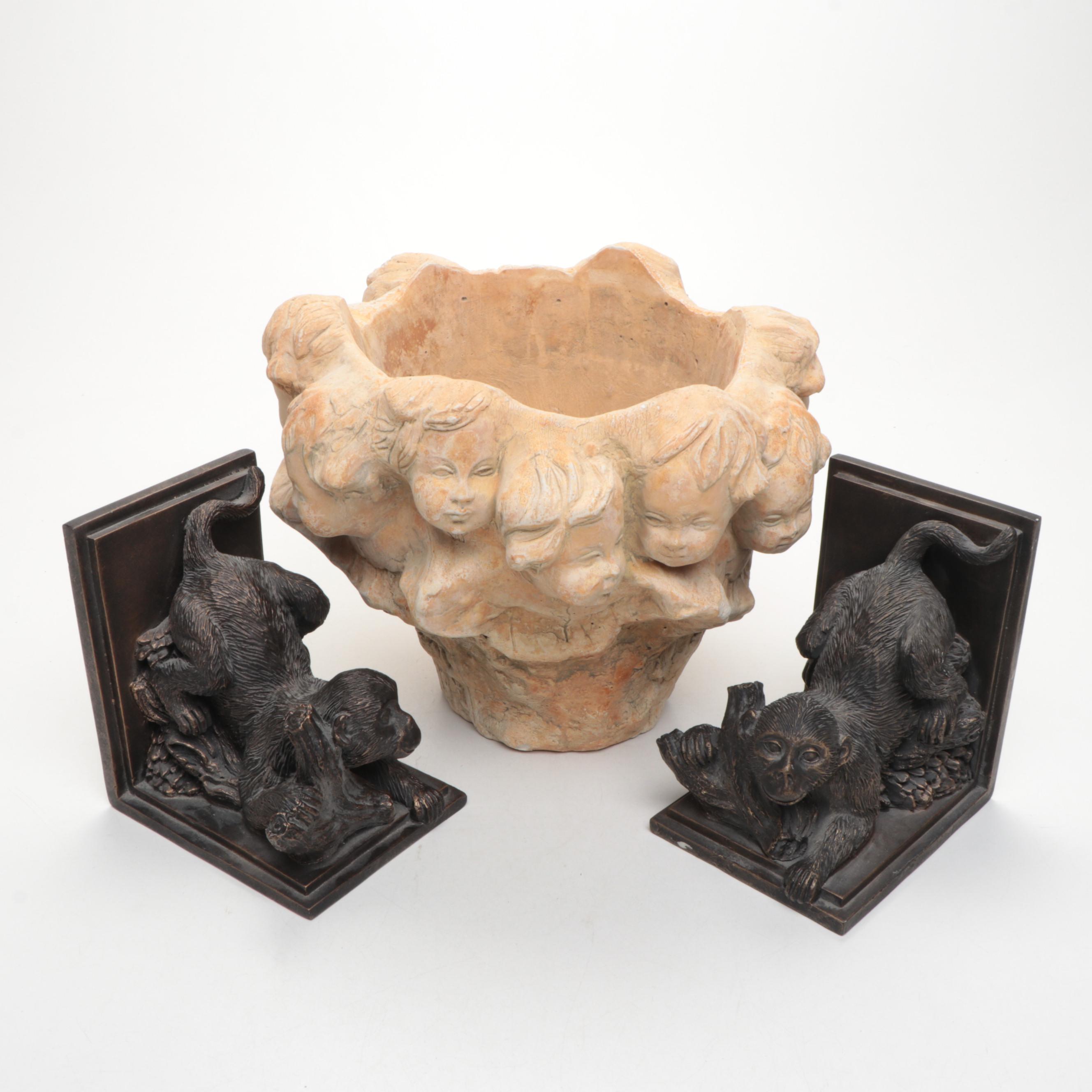 Monkey Form Resin Bookends with Ceramic Vase