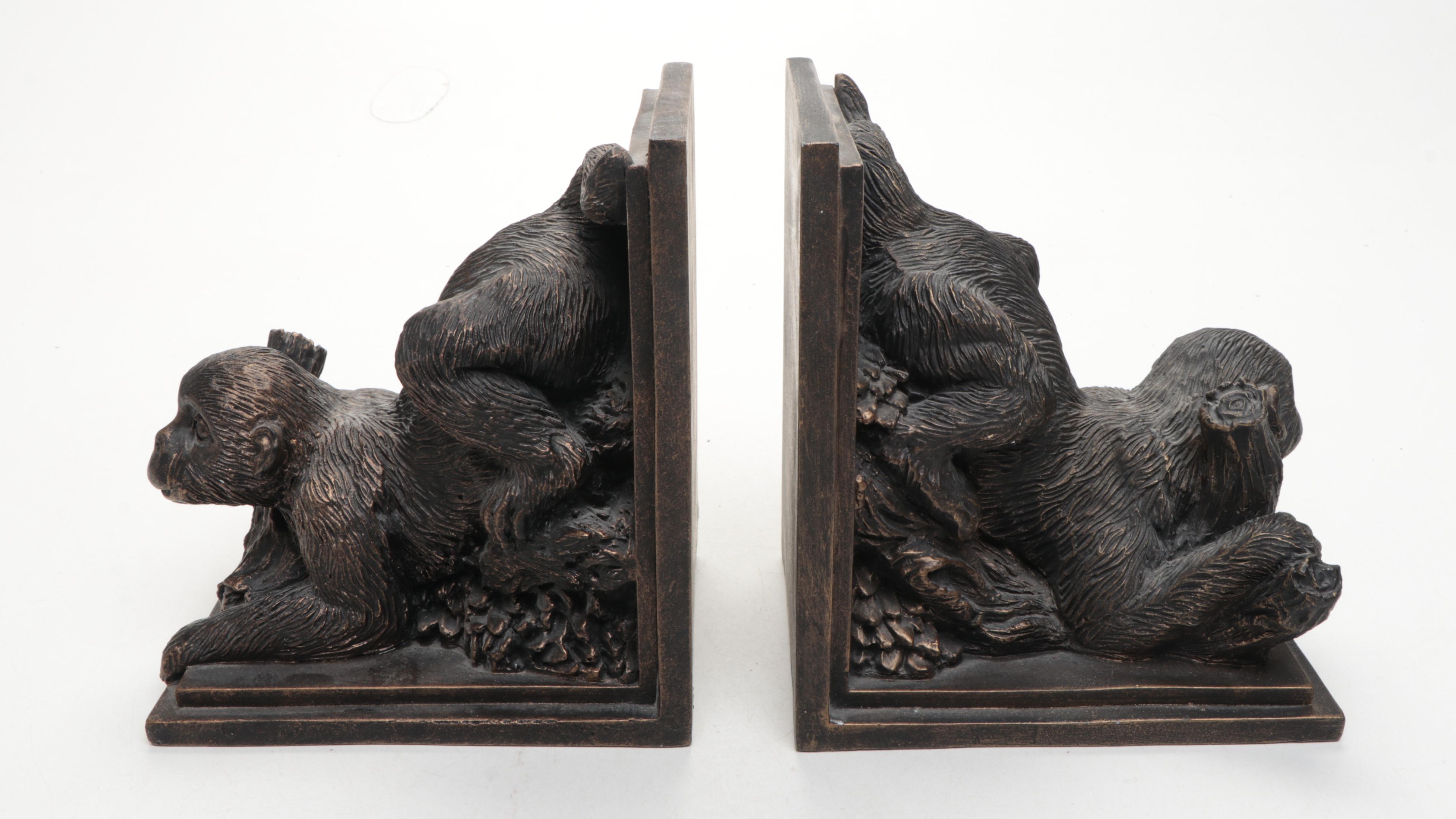 Monkey Form Resin Bookends with Ceramic Vase