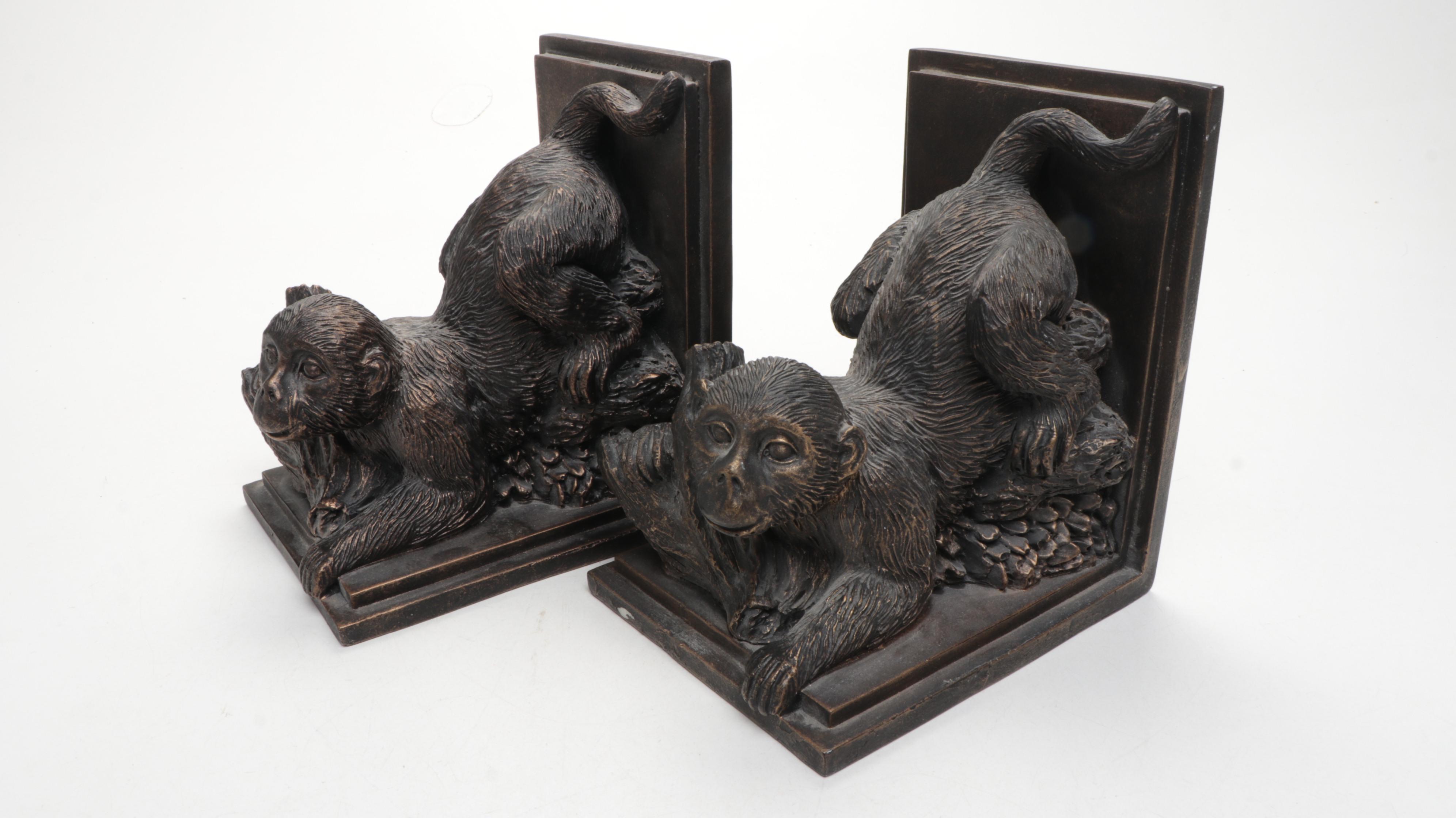 Monkey Form Resin Bookends with Ceramic Vase