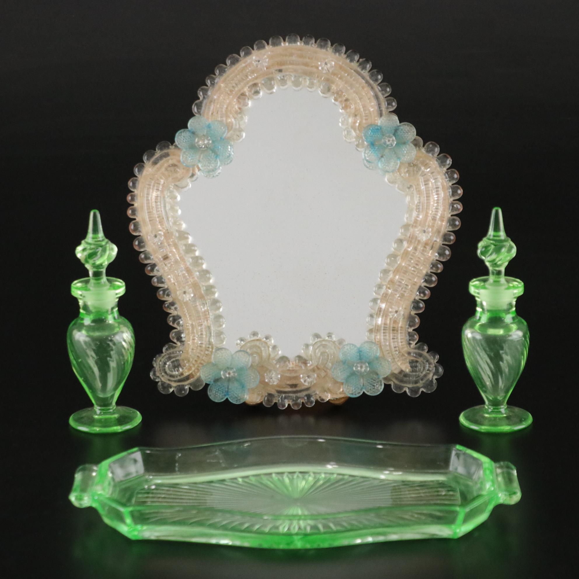 Uranium Glass Perfume Bottles & Vanity Tray with Mirror