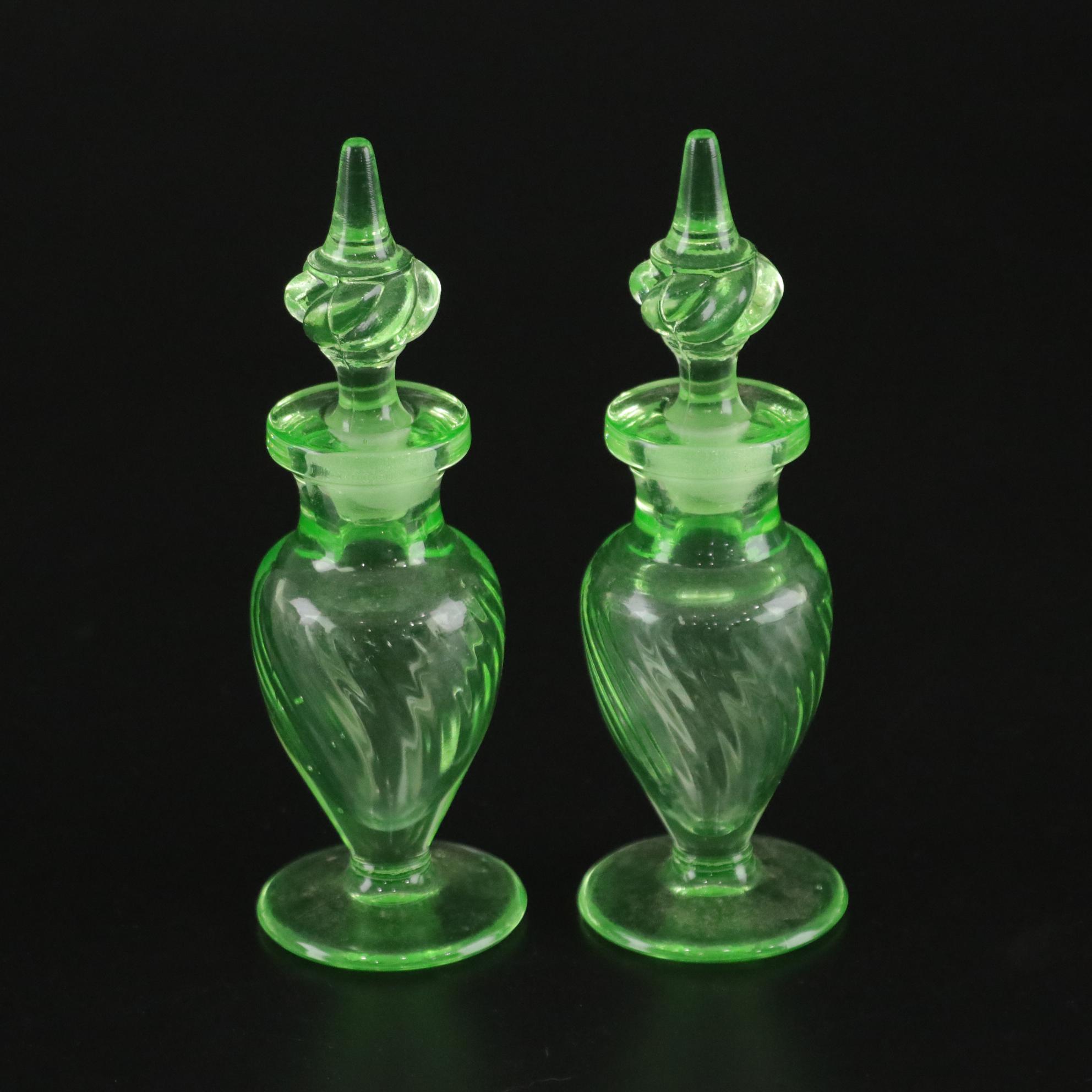 Uranium Glass Perfume Bottles & Vanity Tray with Mirror
