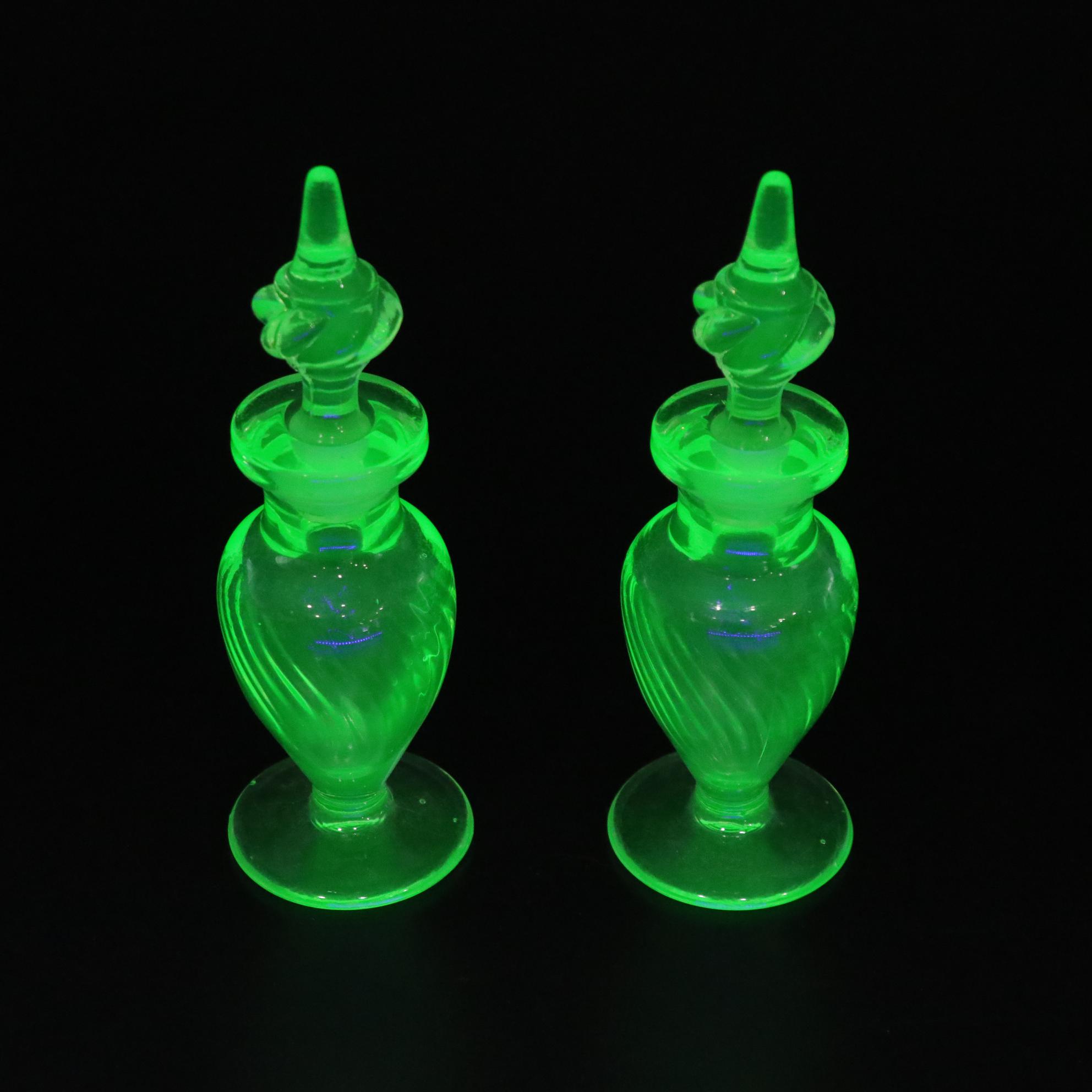 Uranium Glass Perfume Bottles & Vanity Tray with Mirror
