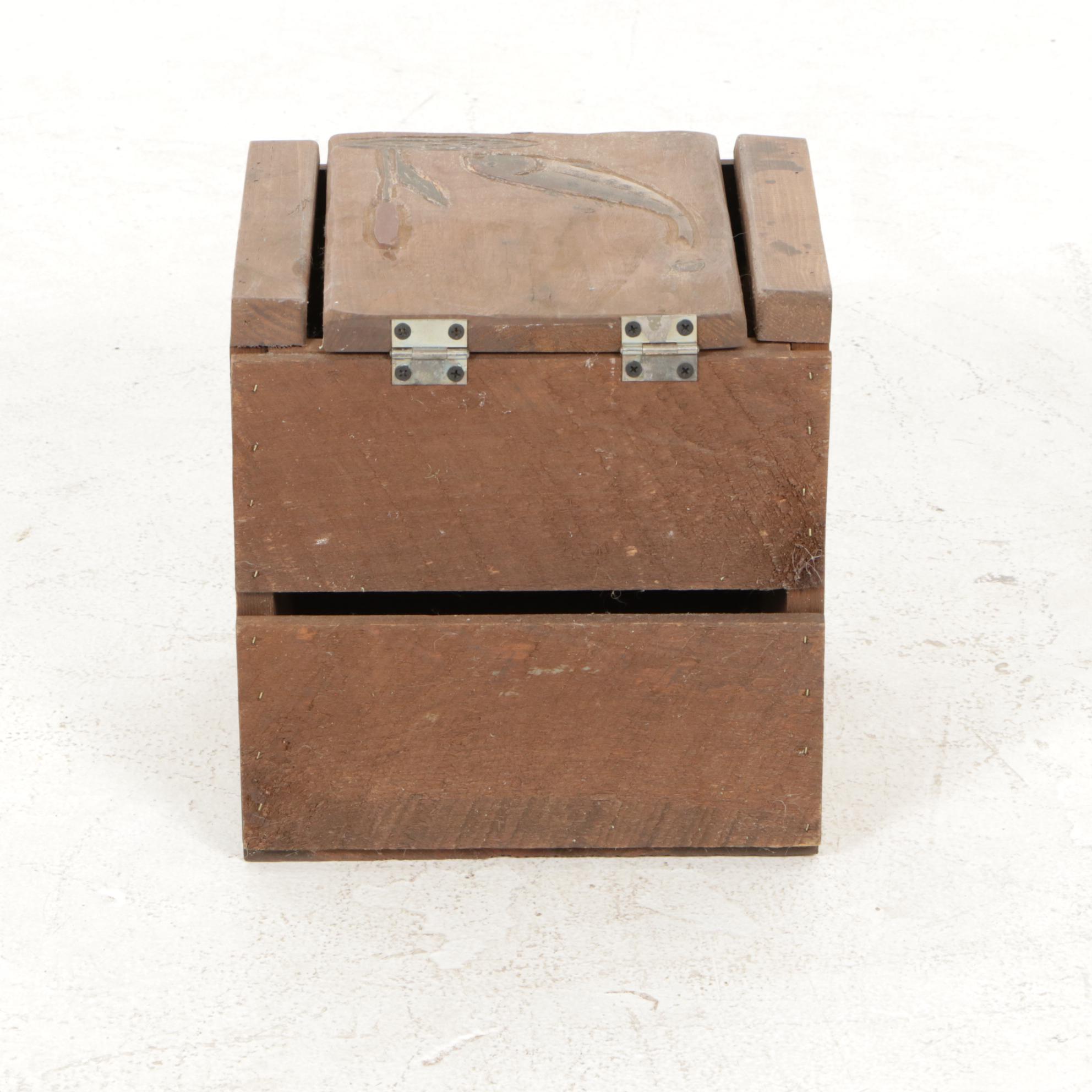 Handcrafted Wooden Crate Style Lidded Box and Fishing Lures