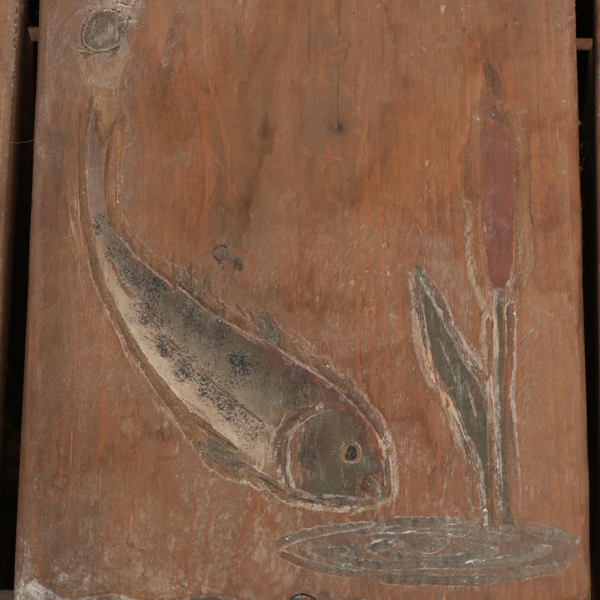 Handcrafted Wooden Crate Style Lidded Box and Fishing Lures