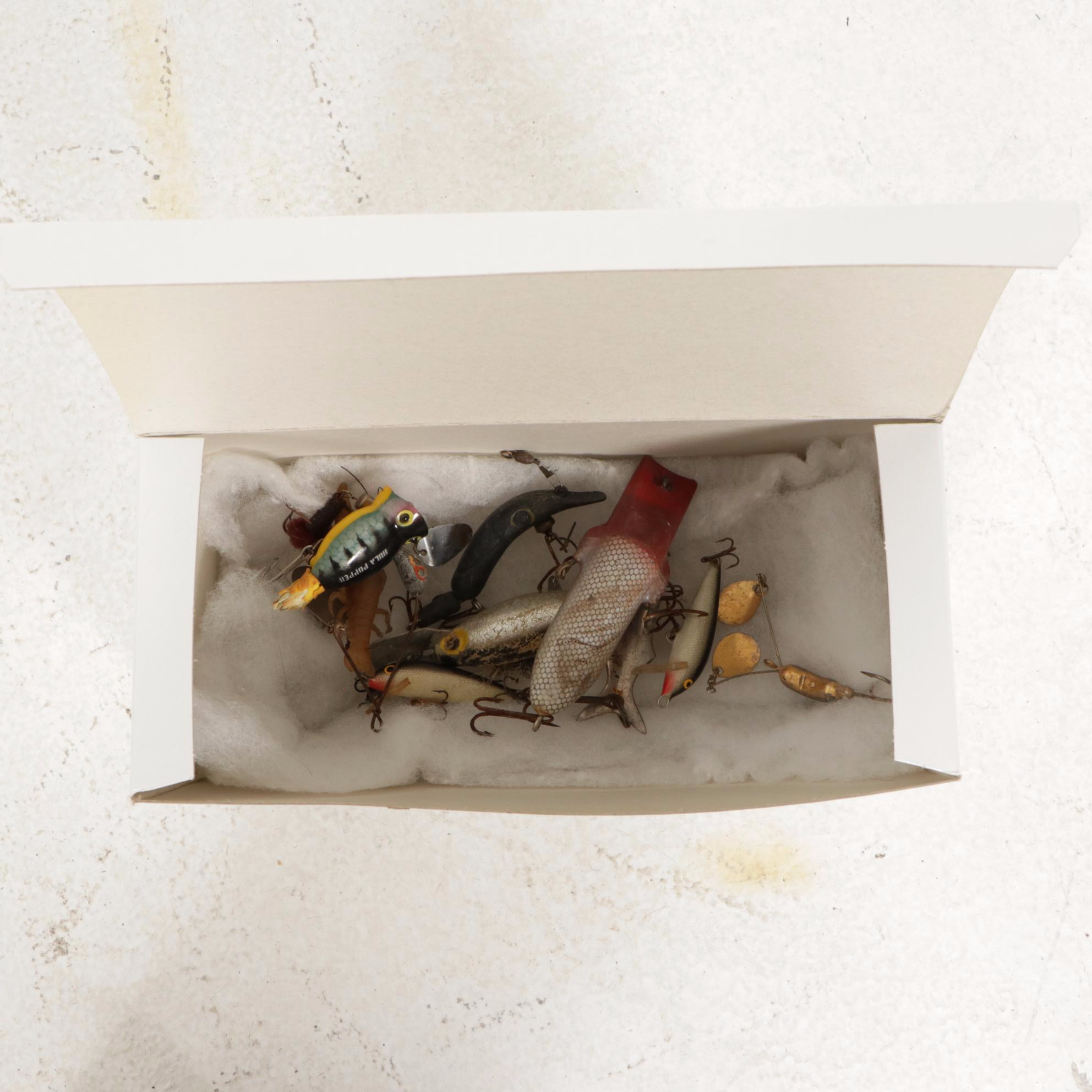 Handcrafted Wooden Crate Style Lidded Box and Fishing Lures