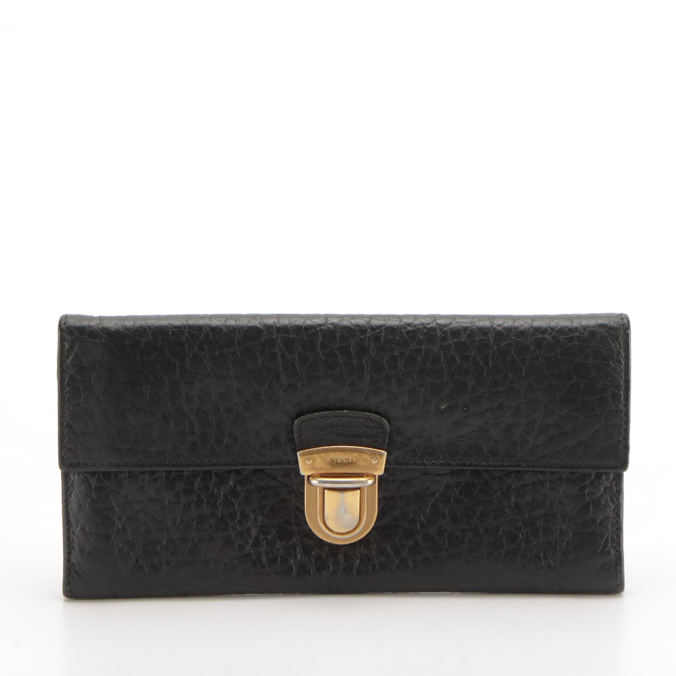 Prada Flap Front Long Wallet in Black Grained Leather