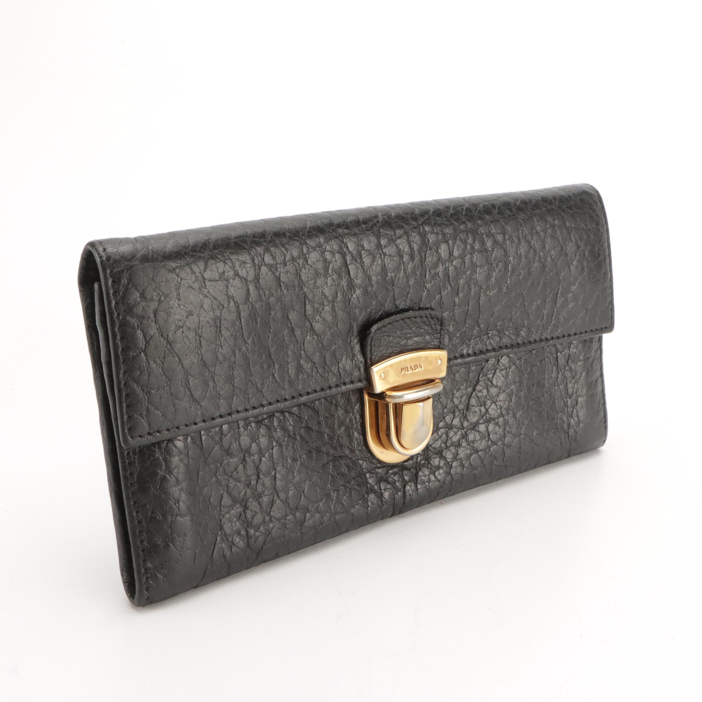 Prada Flap Front Long Wallet in Black Grained Leather