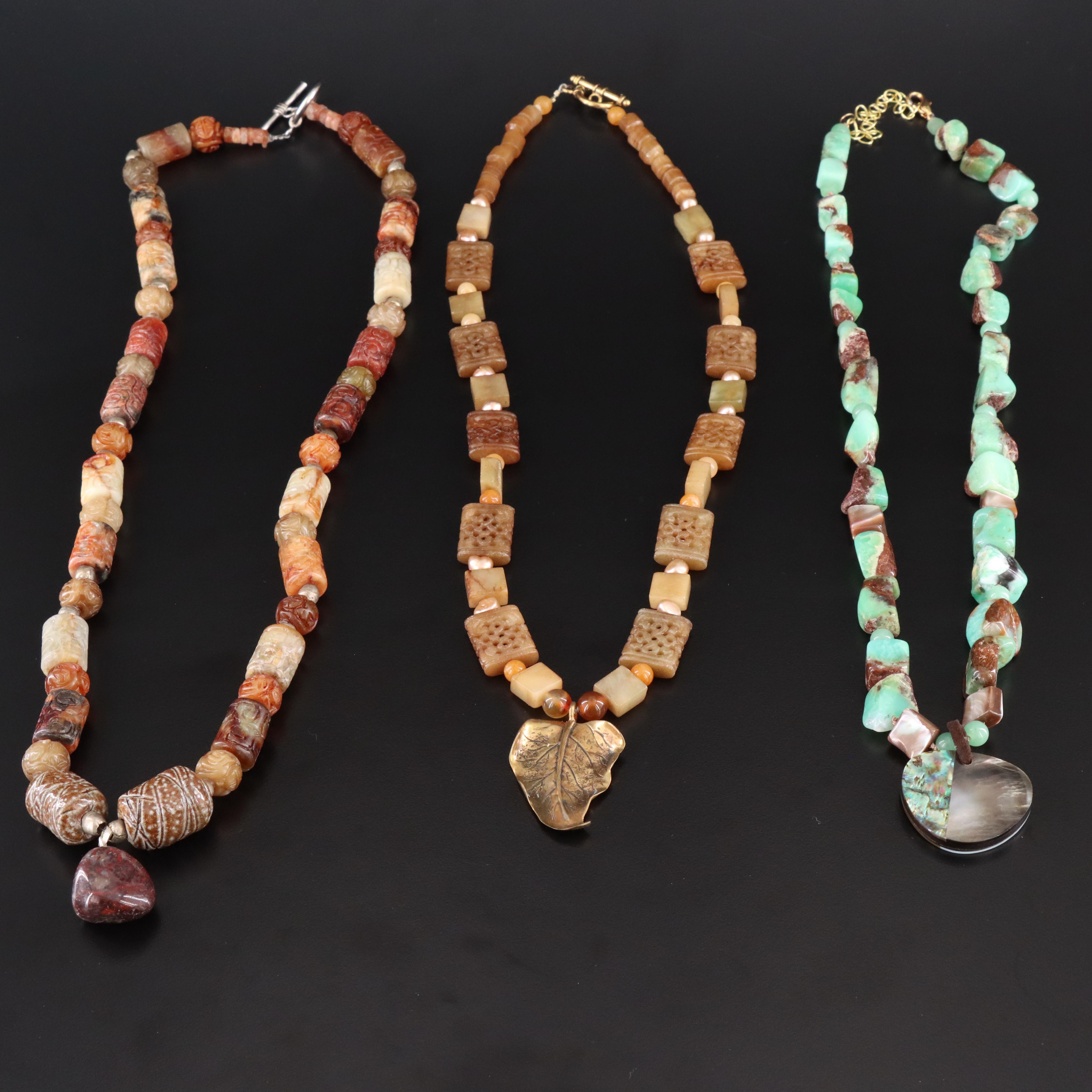 Jasper, Serpentine and Abalone Featured in Necklace Trio