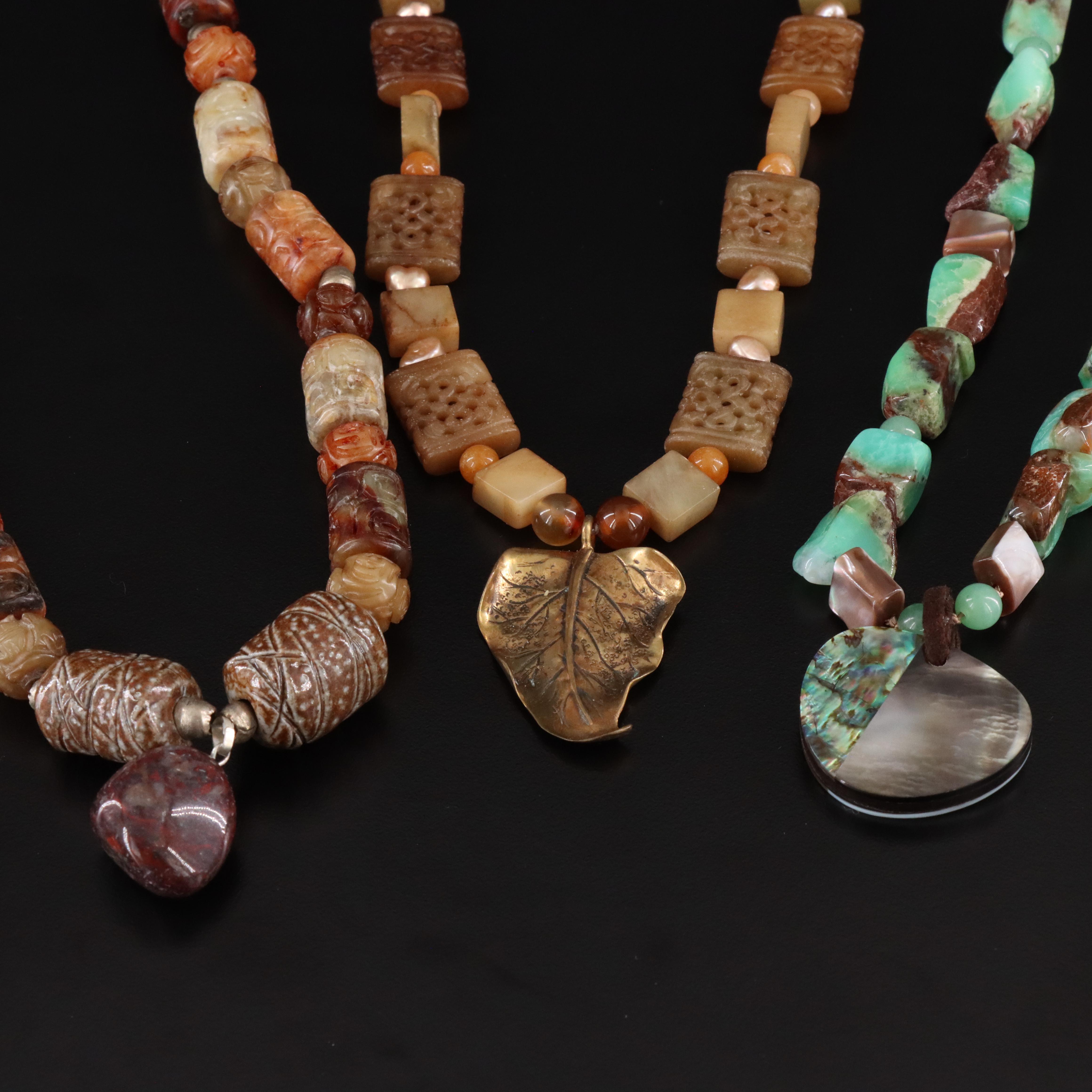 Jasper, Serpentine and Abalone Featured in Necklace Trio