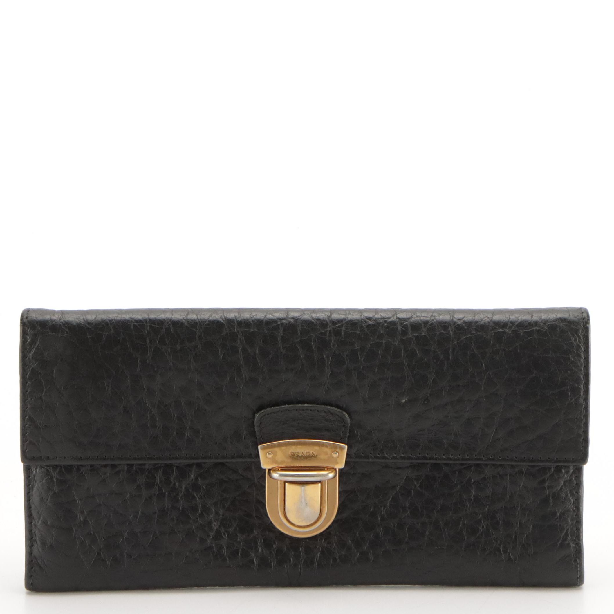 Prada Flap Front Long Wallet in Black Grained Leather