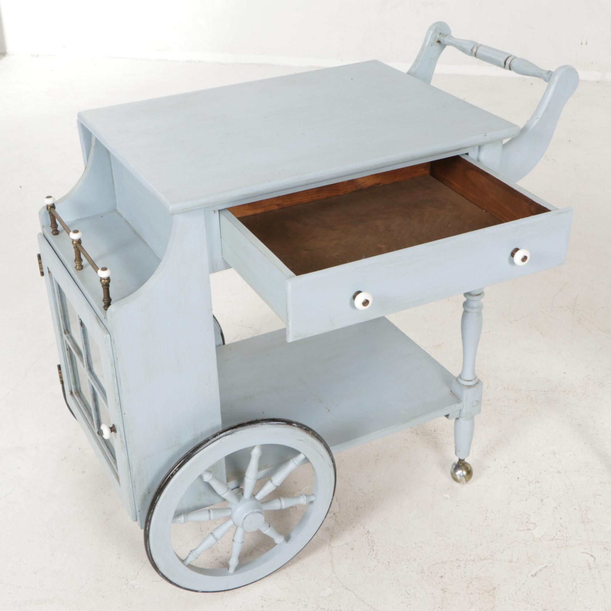 Painted Wood Bar Cart and Humidor Smoking Stand, Mid-20th Century