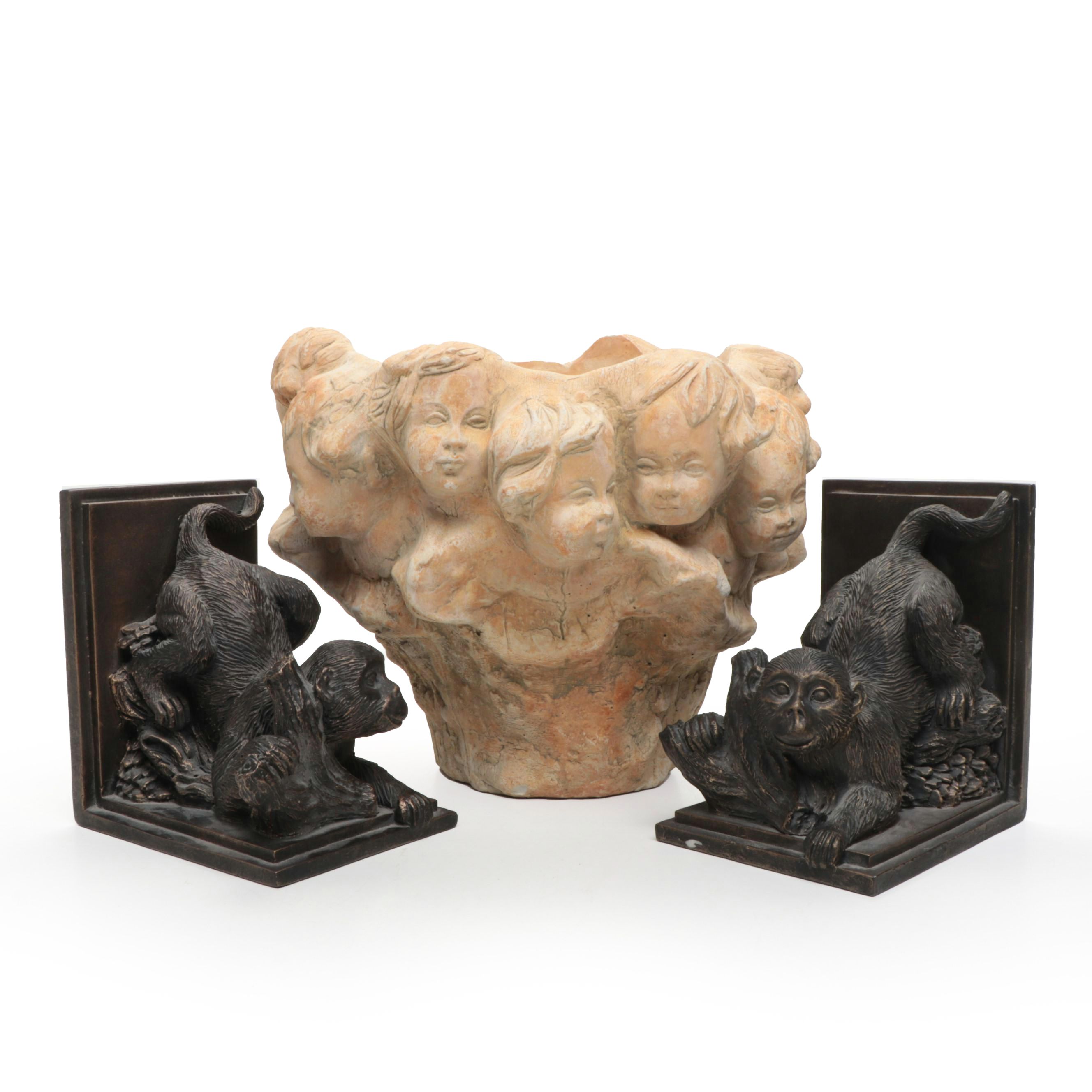 Monkey Form Resin Bookends with Ceramic Vase