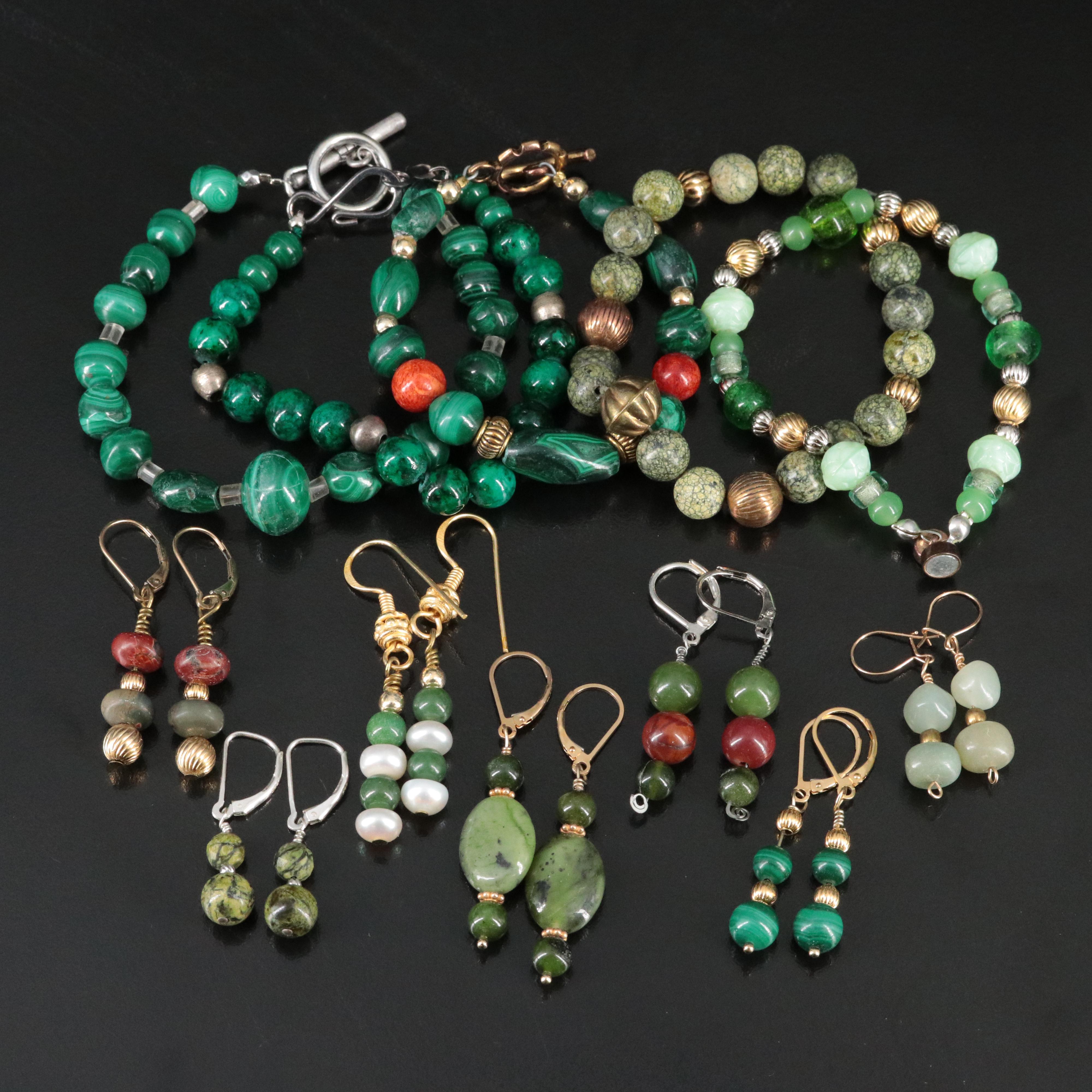 Malachite, Coral and Glass Bracelet and Earring Collection