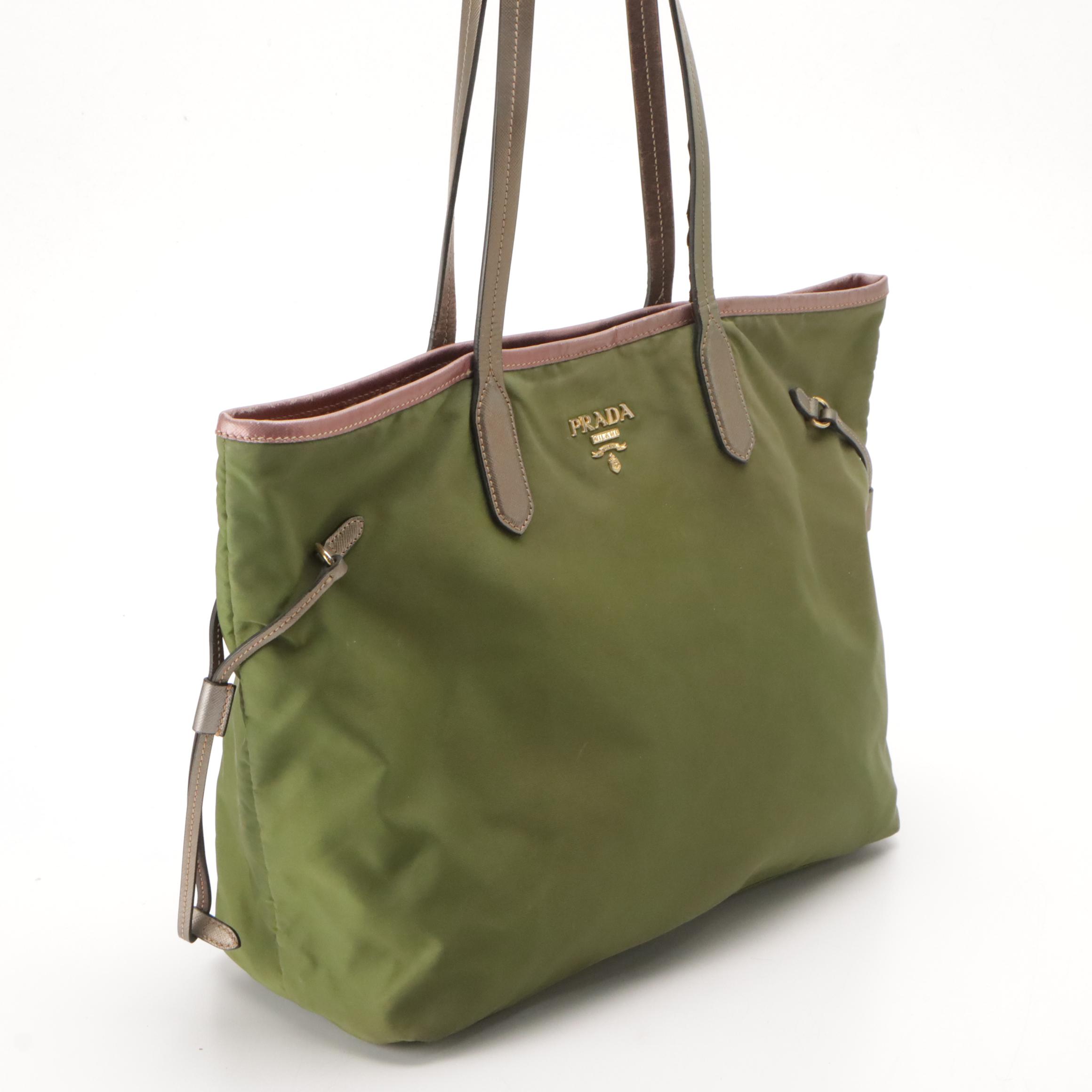 Prada Shoulder Tote in Green Tessuto Nylon and Metallic Leather Trim