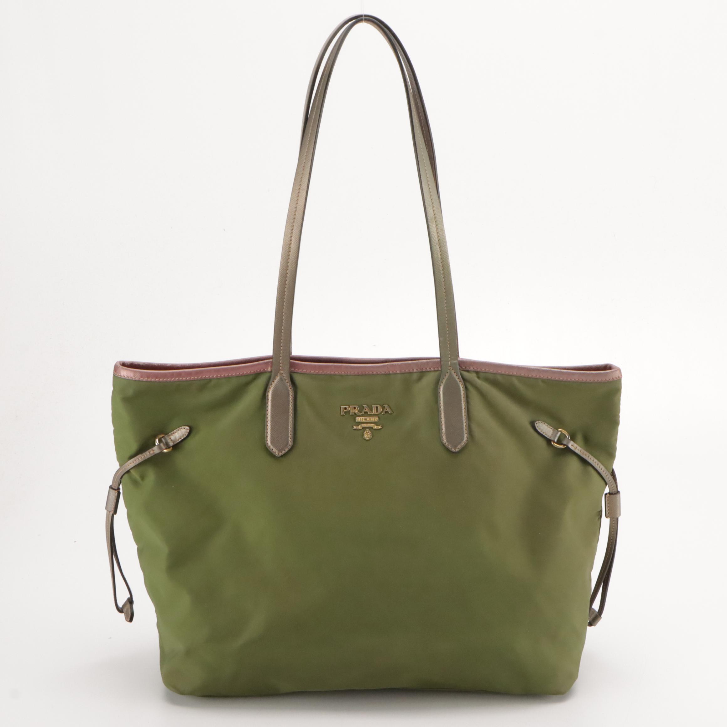 Prada Shoulder Tote in Green Tessuto Nylon and Metallic Leather Trim