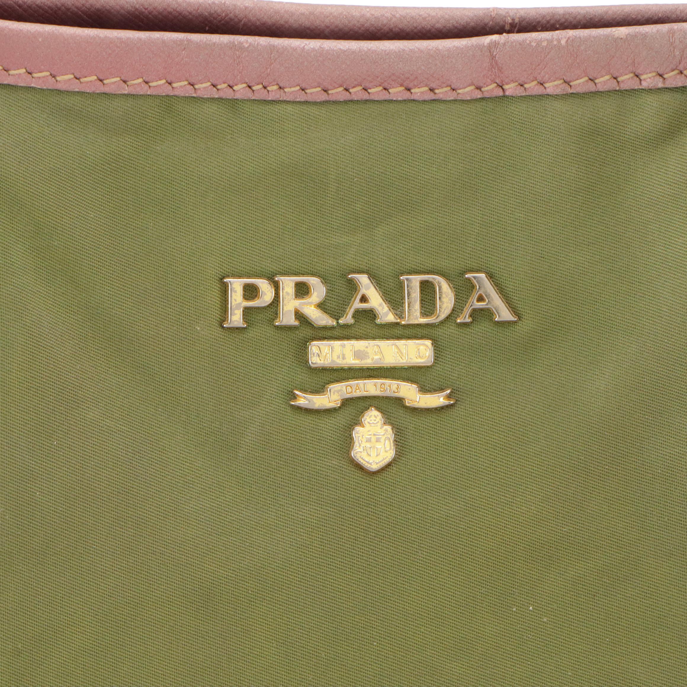 Prada Shoulder Tote in Green Tessuto Nylon and Metallic Leather Trim