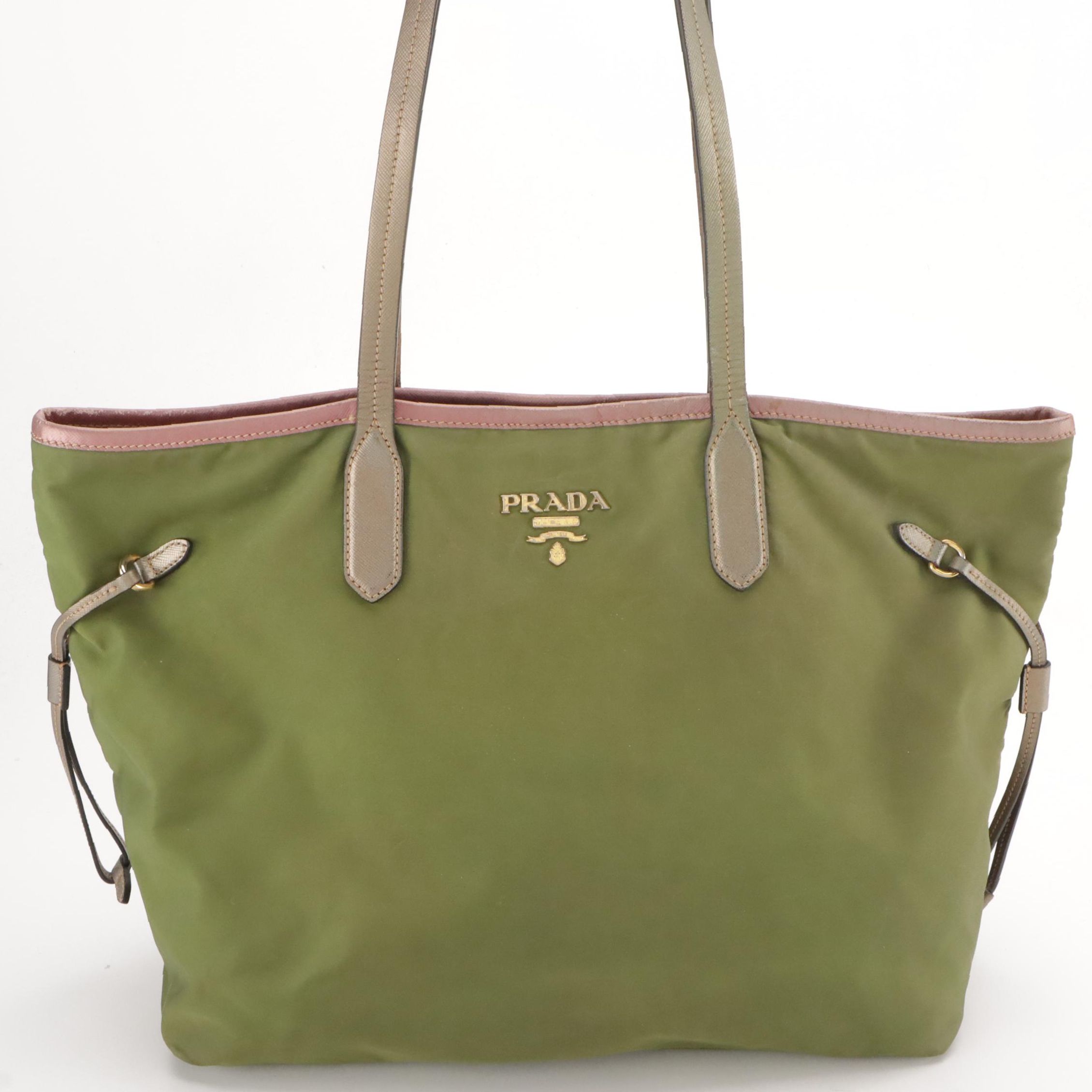 Prada Shoulder Tote in Green Tessuto Nylon and Metallic Leather Trim