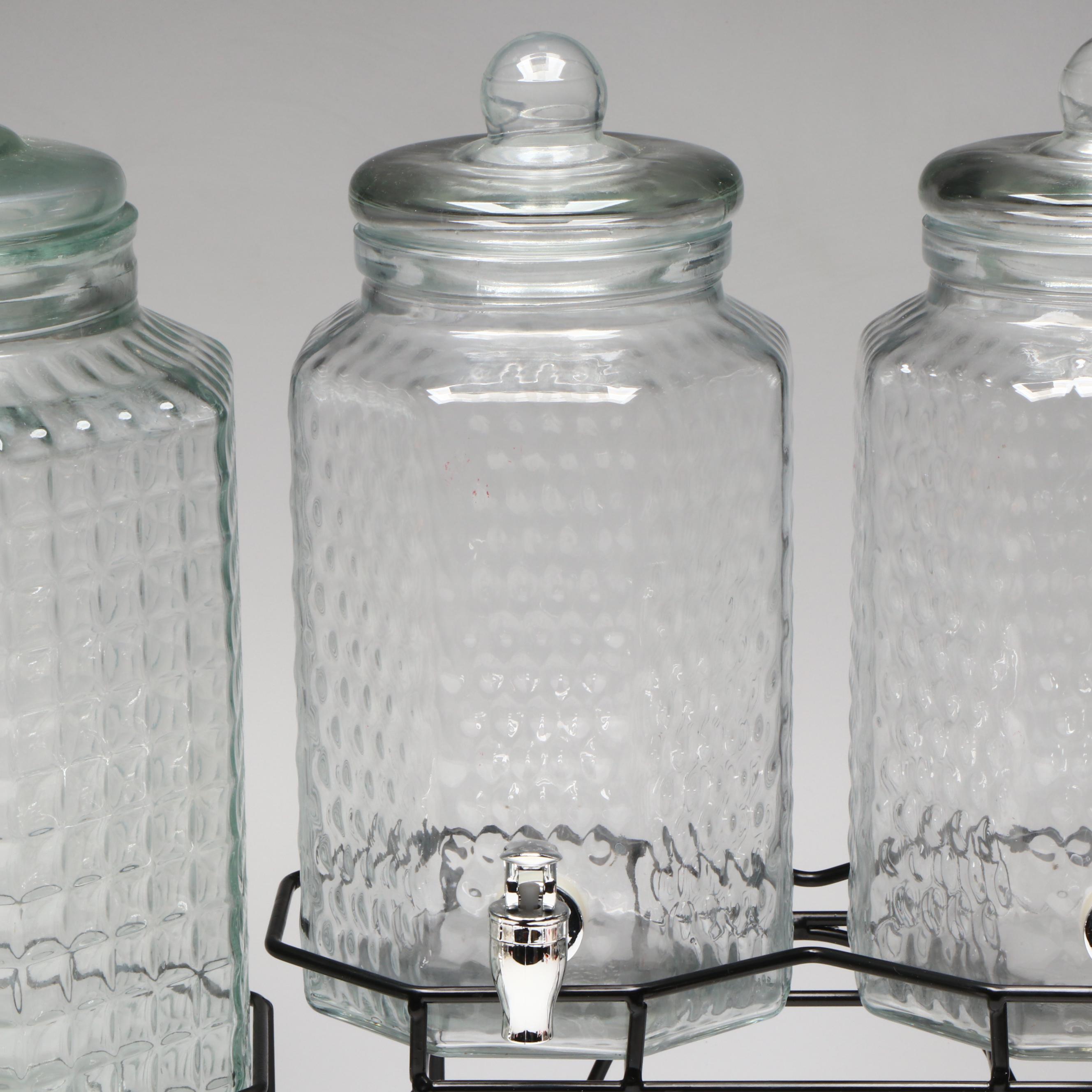 Three and Twin One Gallon Glass Drink Dispensers with Metal Stands