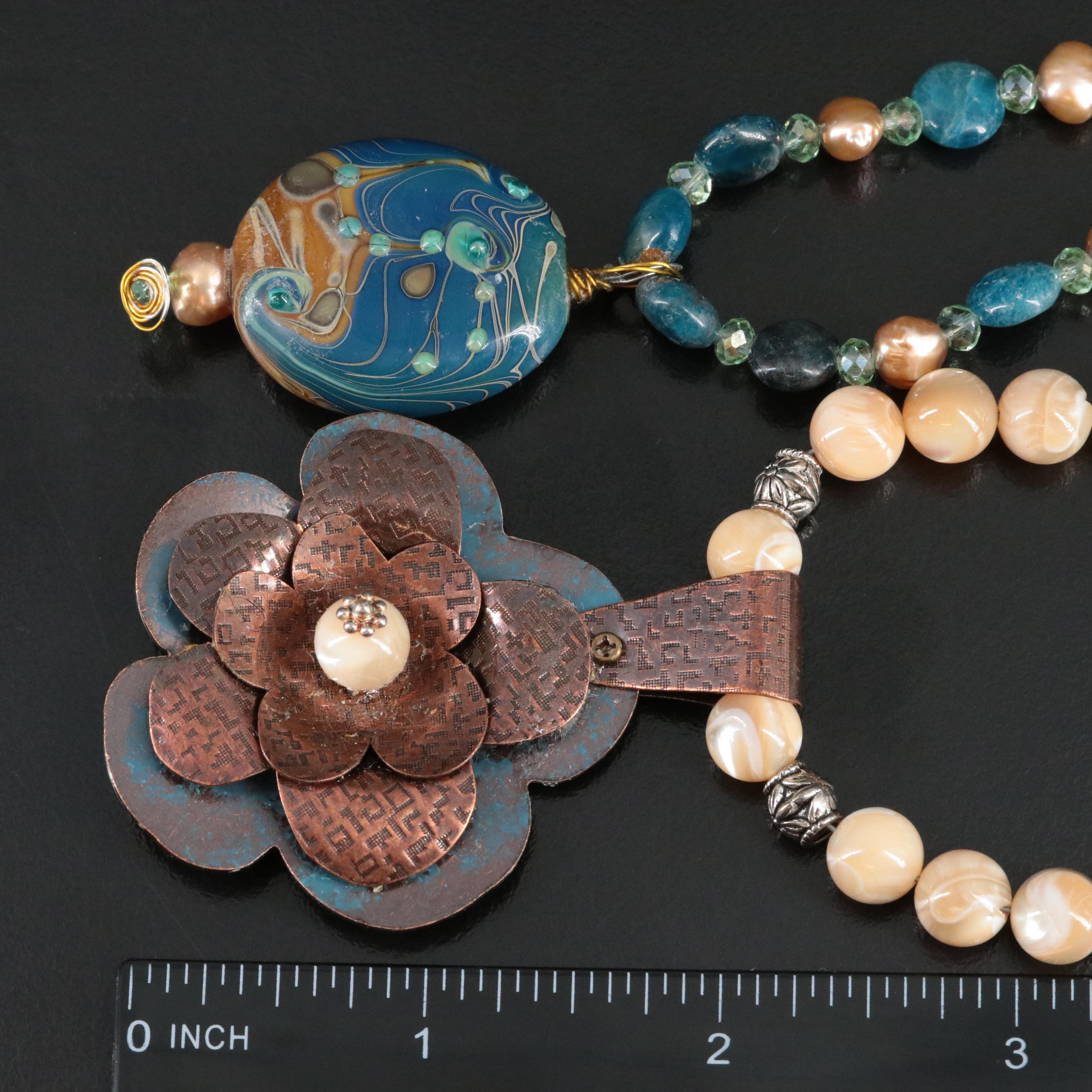 Mother-of-Pearl, Art Glass and Apatite Featured in Necklaces