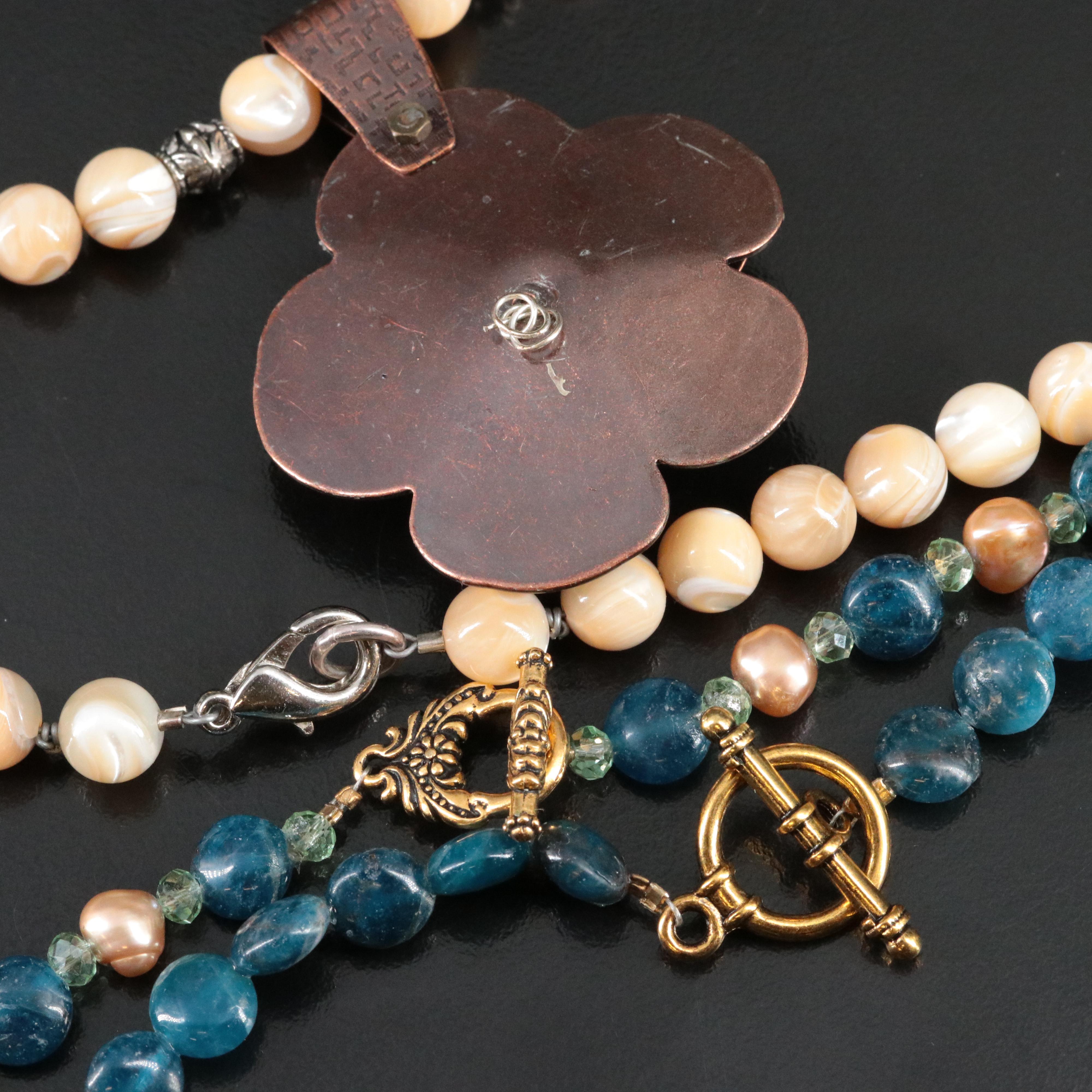 Mother-of-Pearl, Art Glass and Apatite Featured in Necklaces