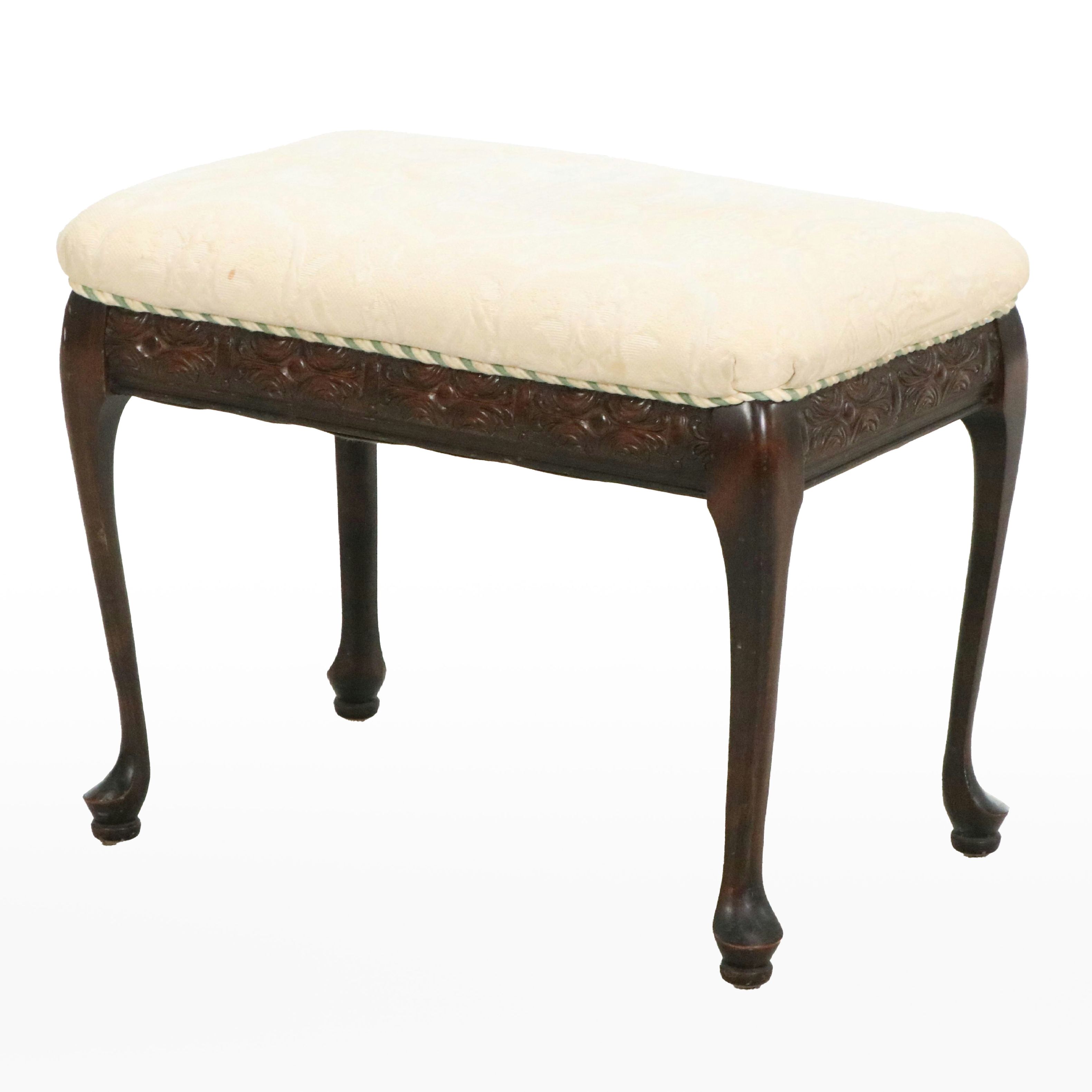 Queen Anne Style Upholstered Wood Bench, 20th Century