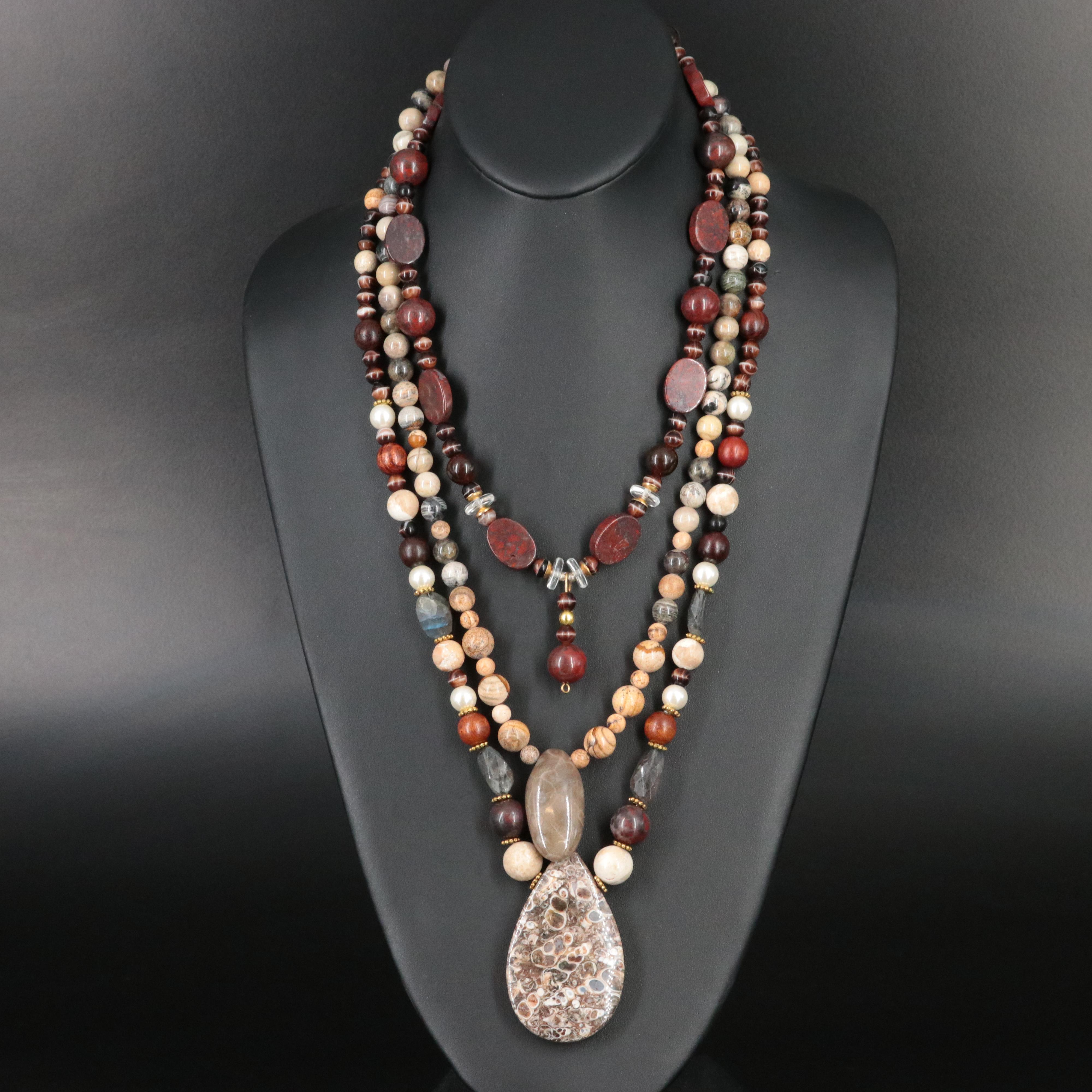 Jasper, Riverstone and Faux Pearl Featured in Necklace Trio