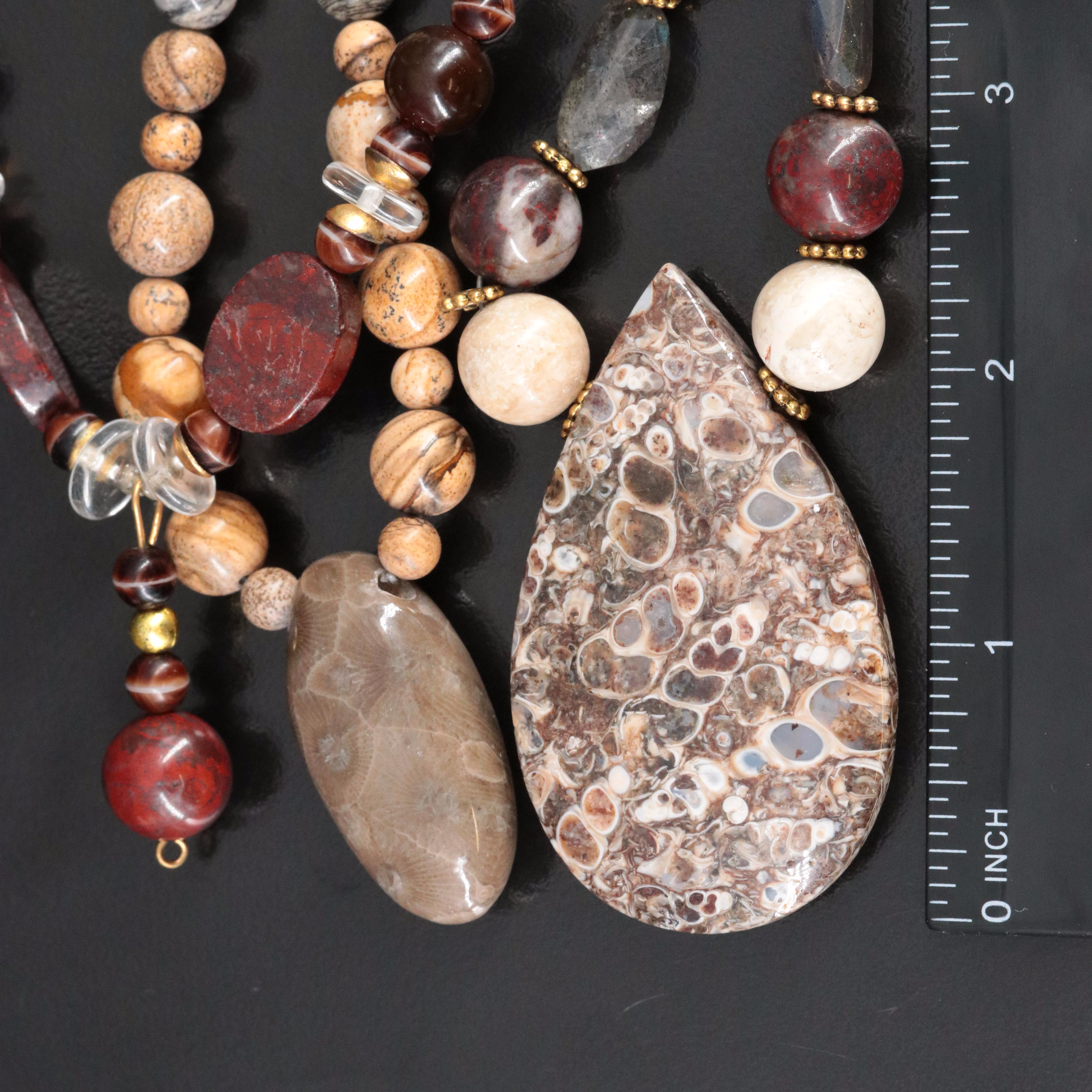 Jasper, Riverstone and Faux Pearl Featured in Necklace Trio
