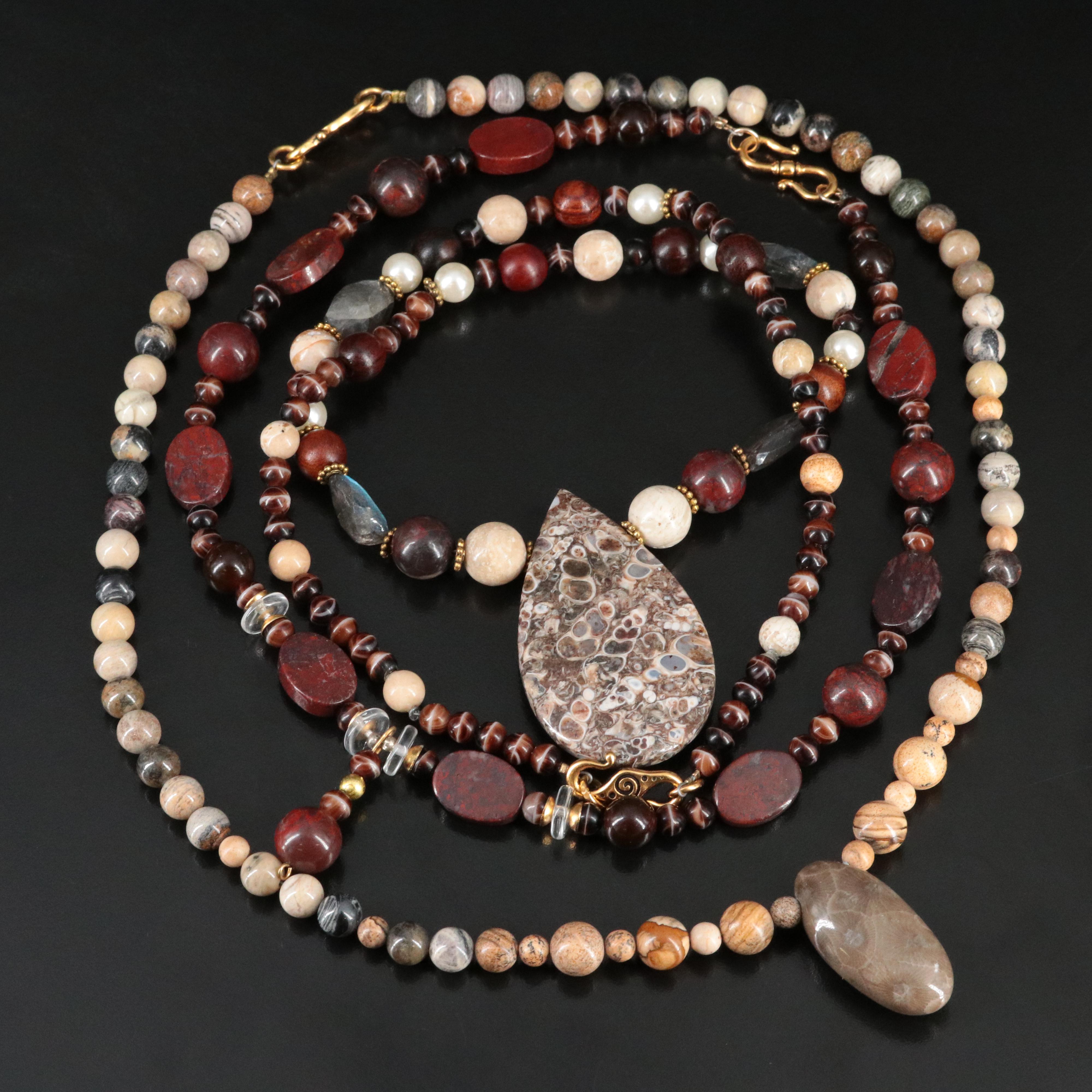 Jasper, Riverstone and Faux Pearl Featured in Necklace Trio