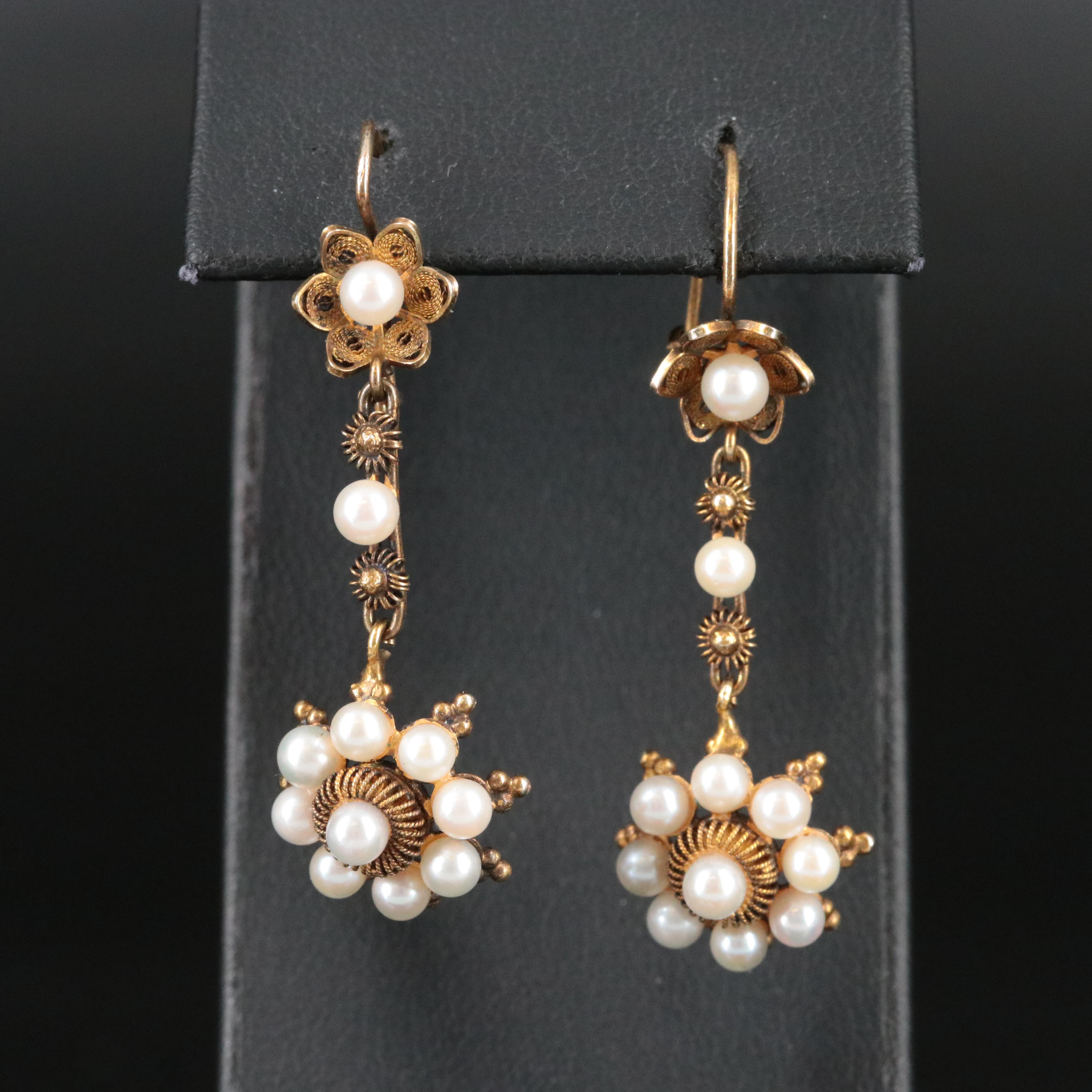 Vintage 10K Pearl Cannetille Floral Earrings