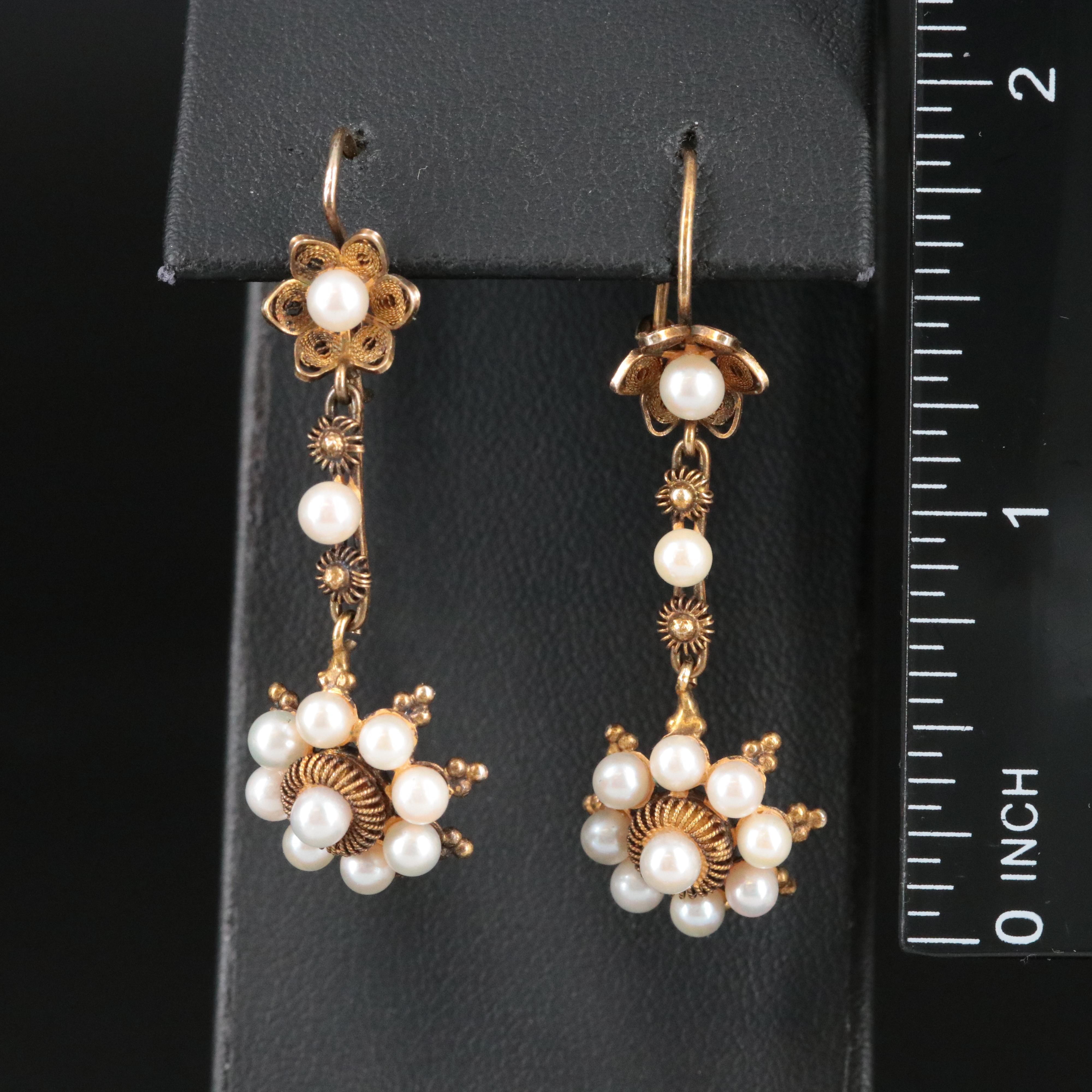 Vintage 10K Pearl Cannetille Floral Earrings
