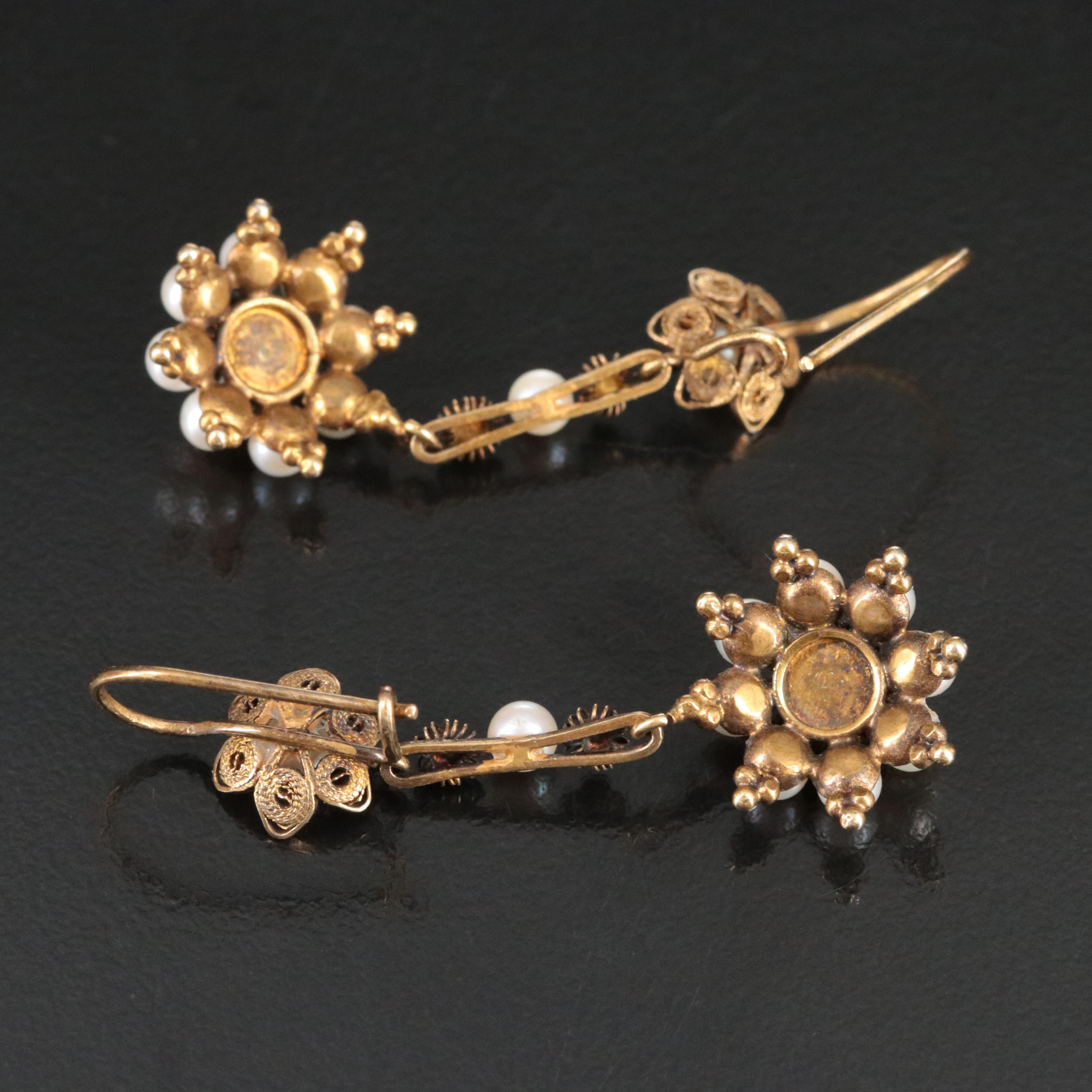 Vintage 10K Pearl Cannetille Floral Earrings