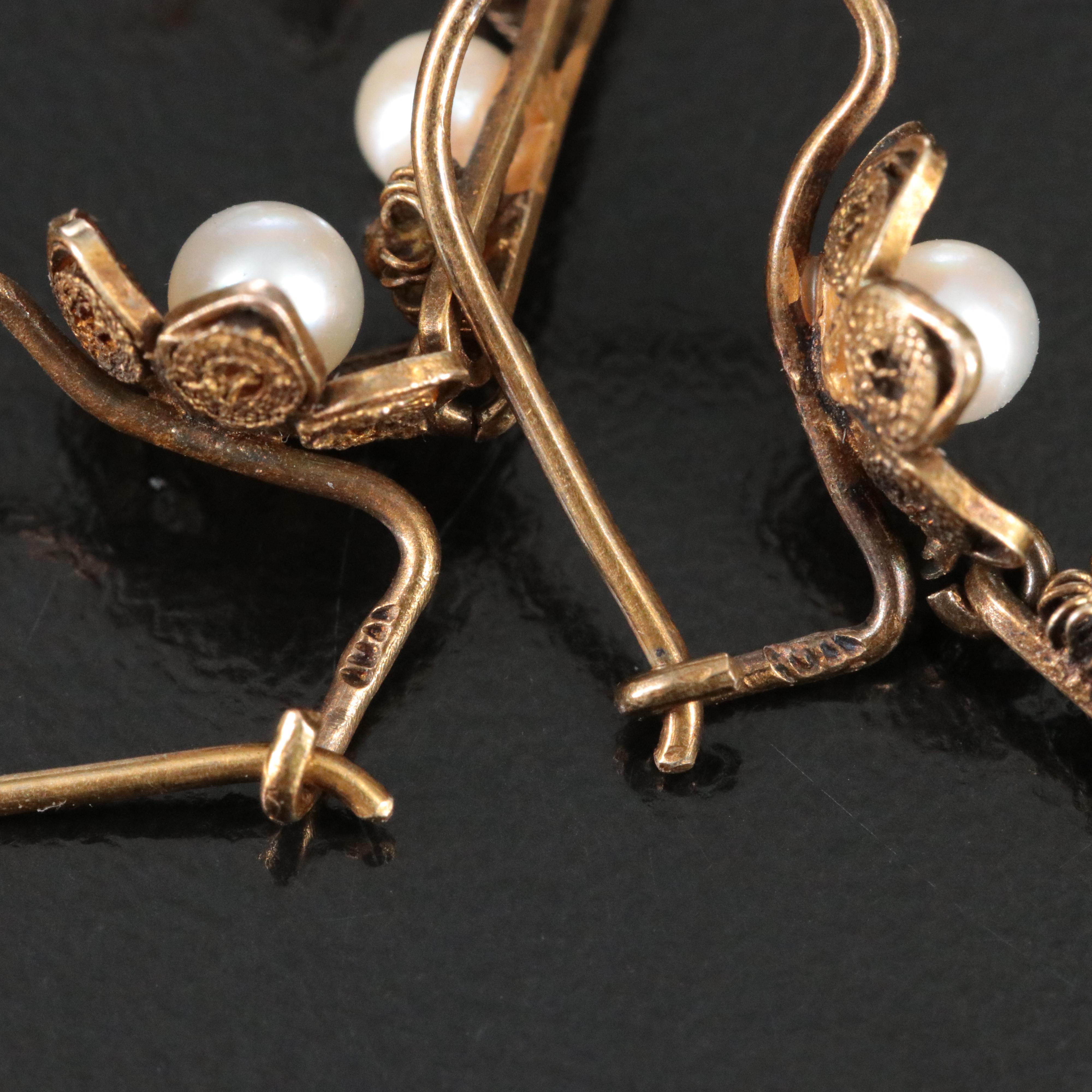 Vintage 10K Pearl Cannetille Floral Earrings