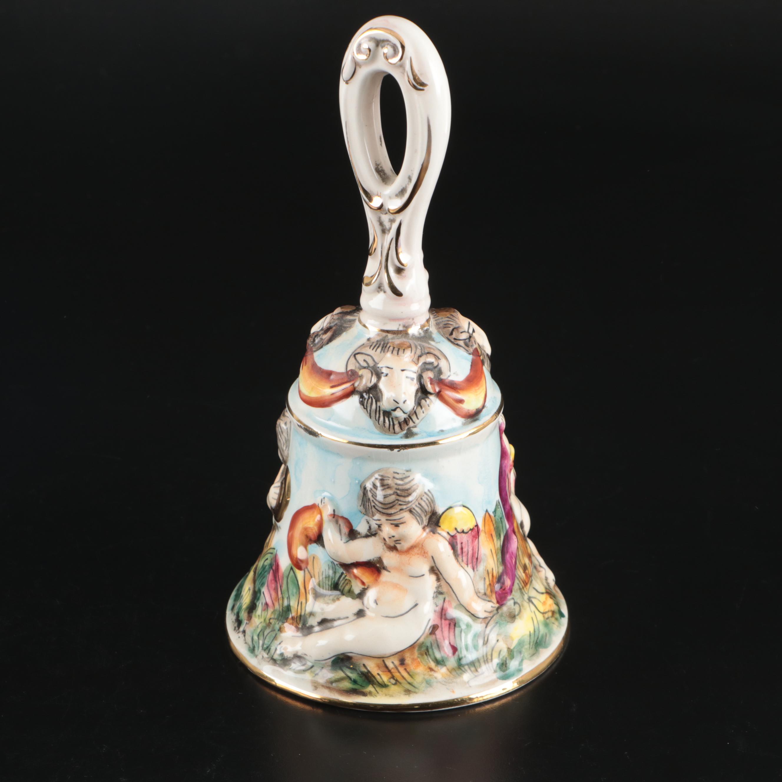 Capodimonte Porcelain Bell, Crystal Bell, Mirrored Tray, and Other Table Décor