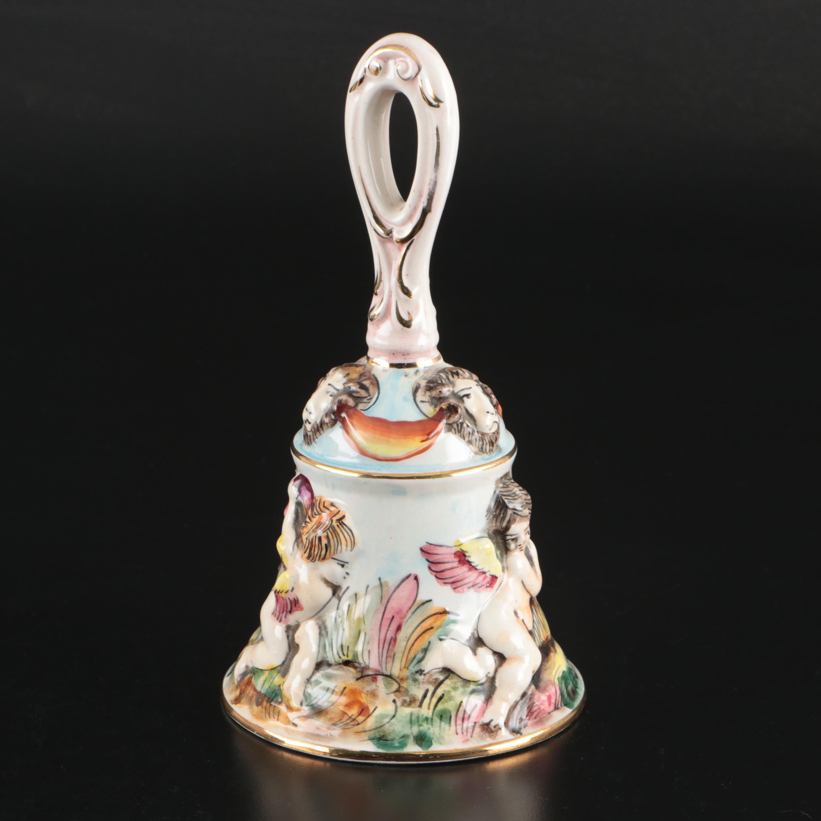 Capodimonte Porcelain Bell, Crystal Bell, Mirrored Tray, and Other Table Décor