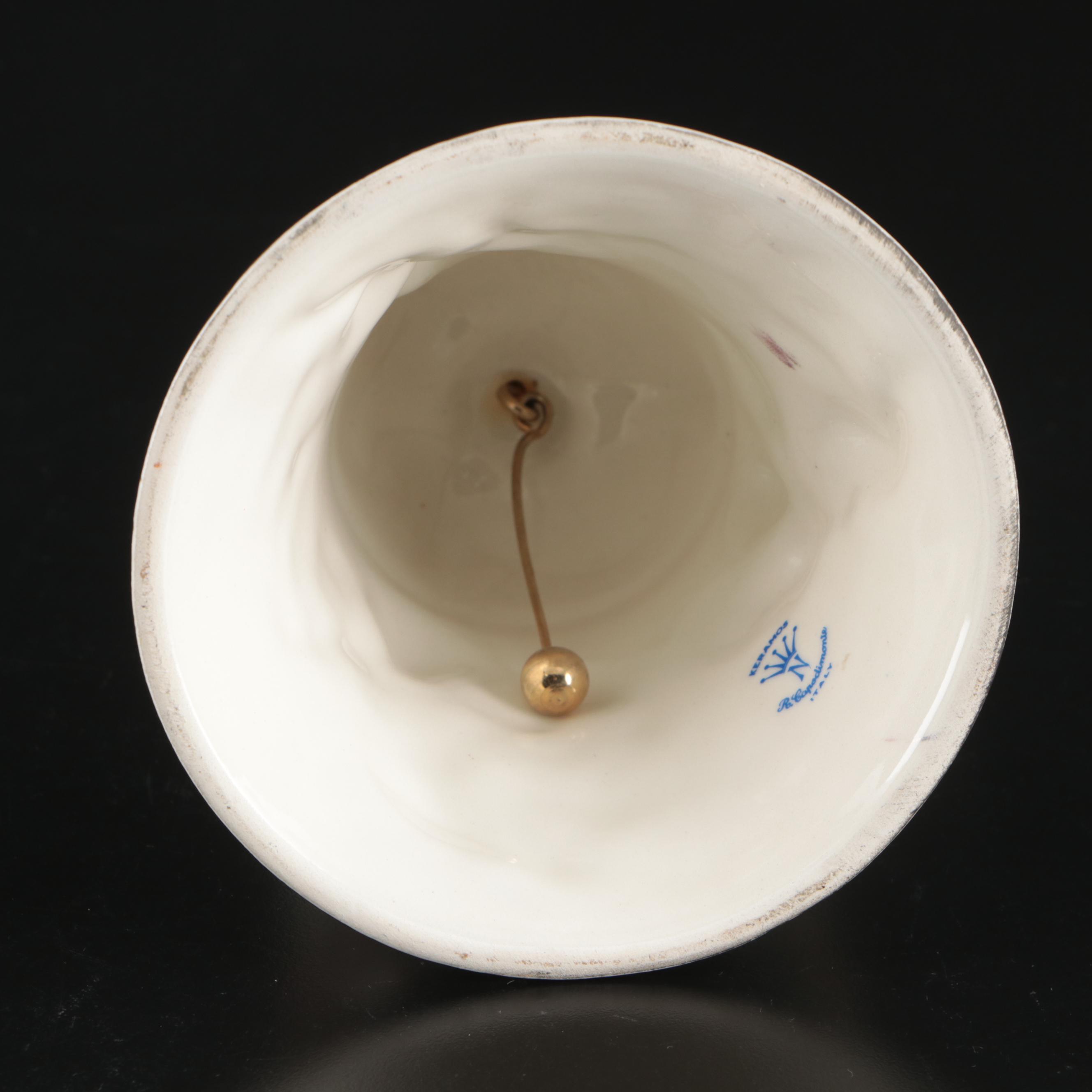 Capodimonte Porcelain Bell, Crystal Bell, Mirrored Tray, and Other Table Décor