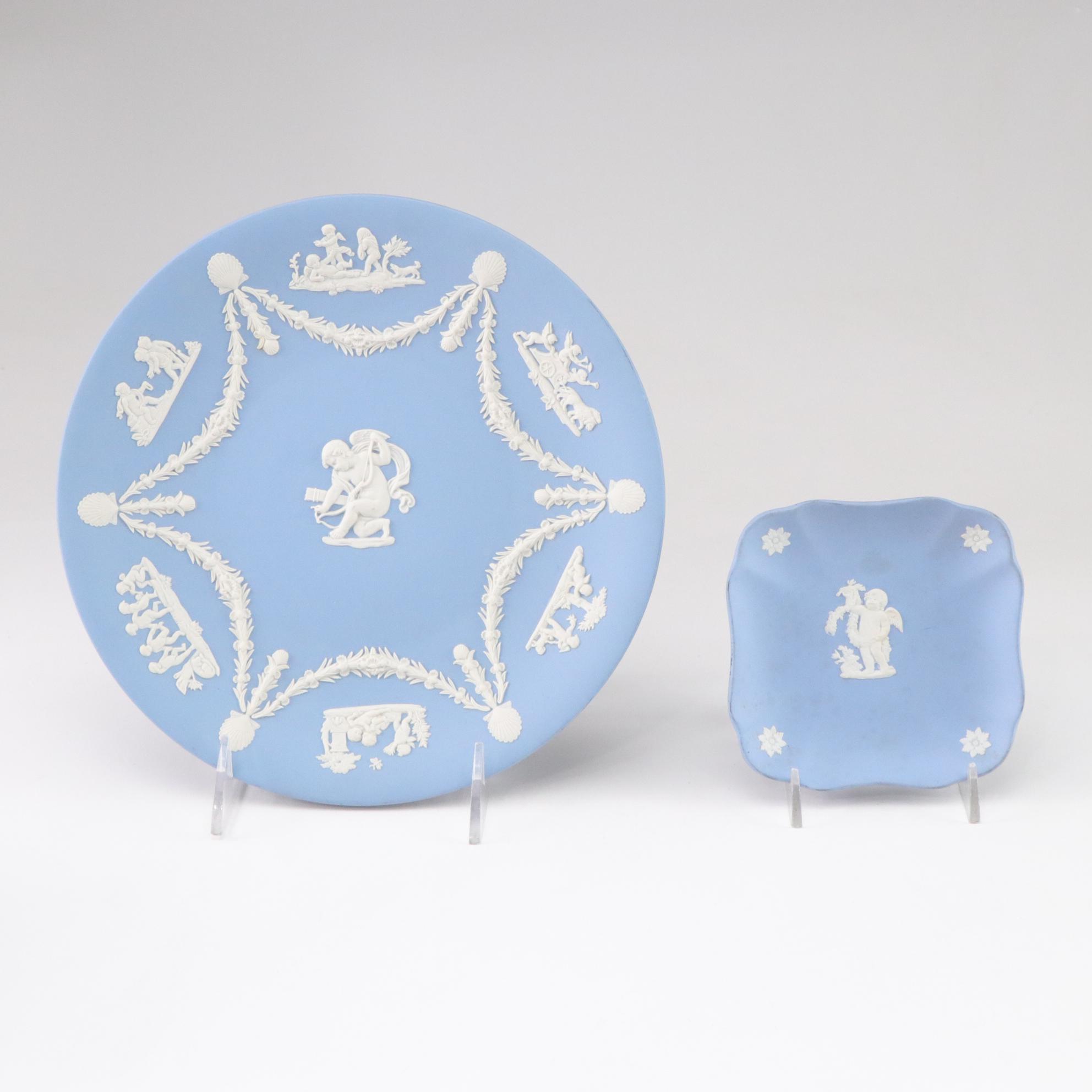 Wedgwood Blue Jasperware Cherub Plates and Planter with Olive & Creme Vases