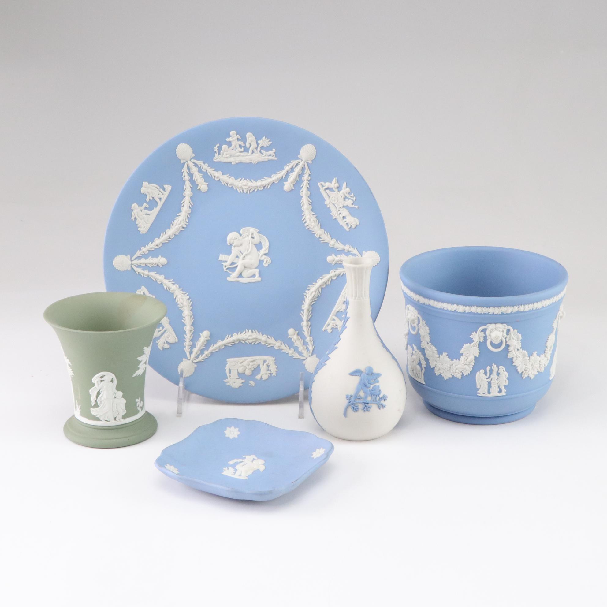 Wedgwood Blue Jasperware Cherub Plates and Planter with Olive & Creme Vases
