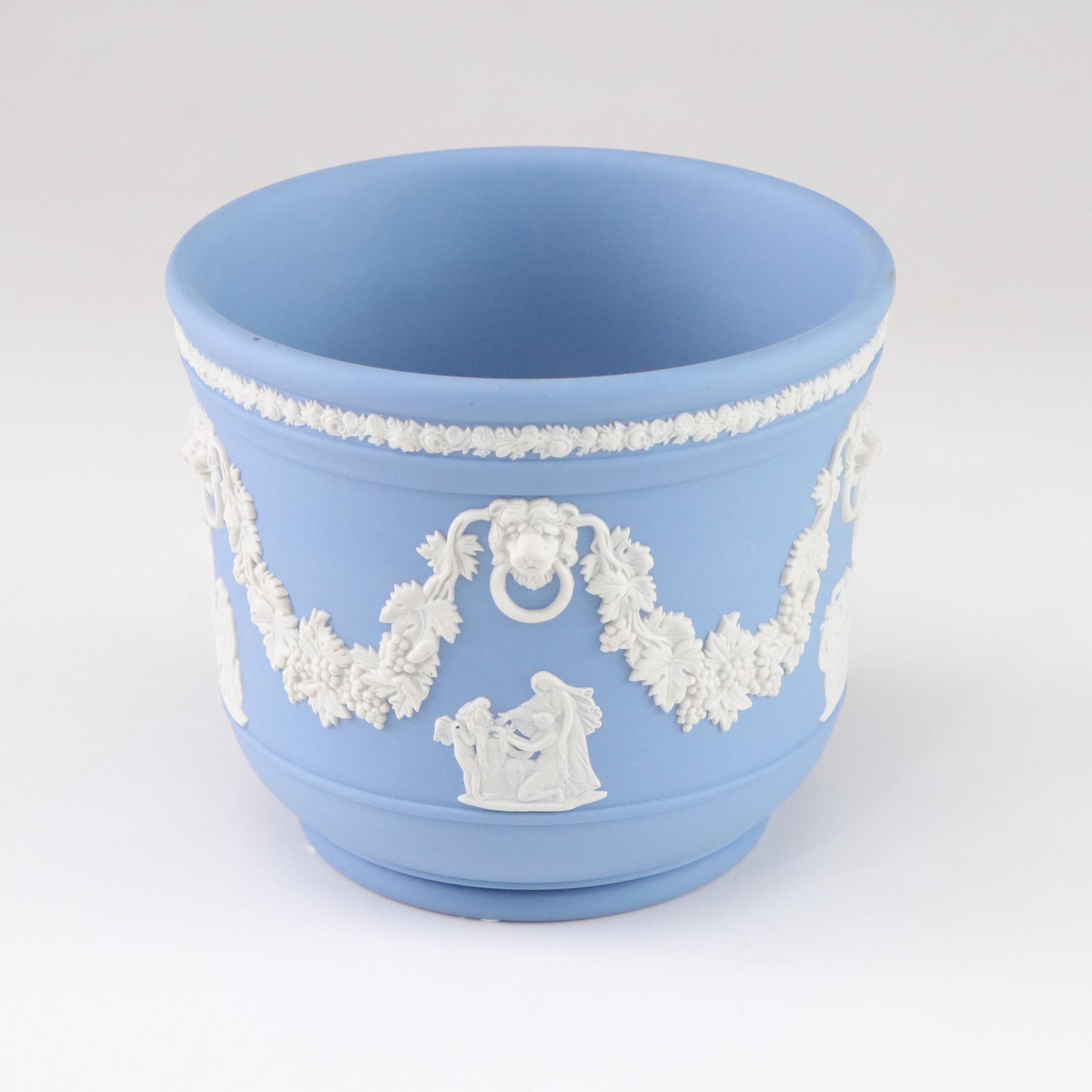 Wedgwood Blue Jasperware Cherub Plates and Planter with Olive & Creme Vases