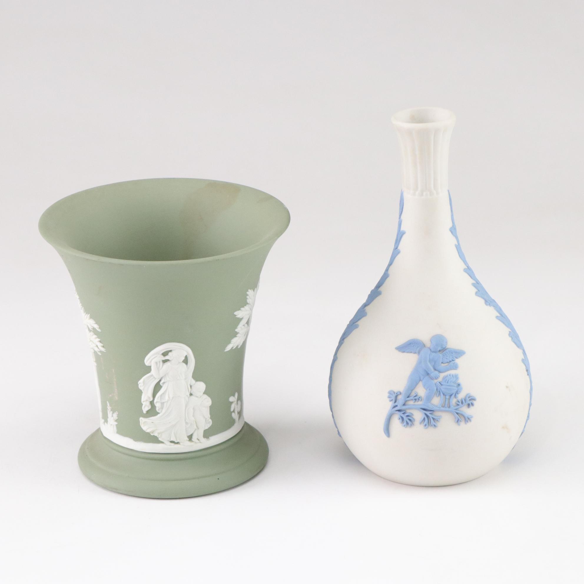 Wedgwood Blue Jasperware Cherub Plates and Planter with Olive & Creme Vases