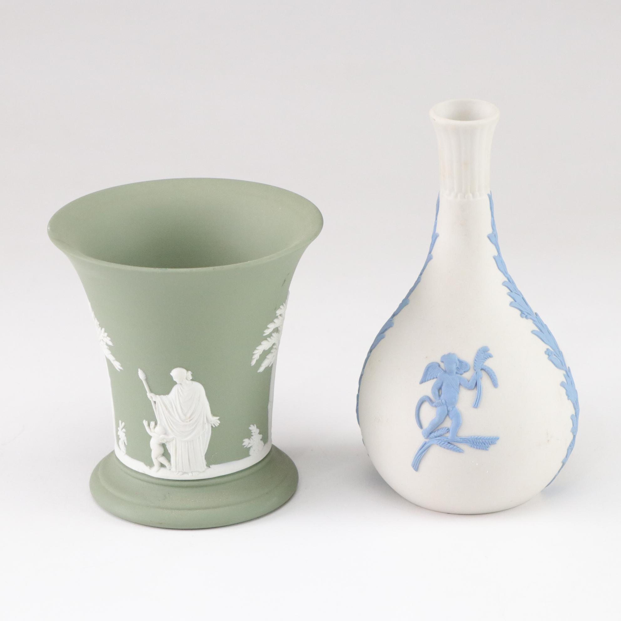 Wedgwood Blue Jasperware Cherub Plates and Planter with Olive & Creme Vases