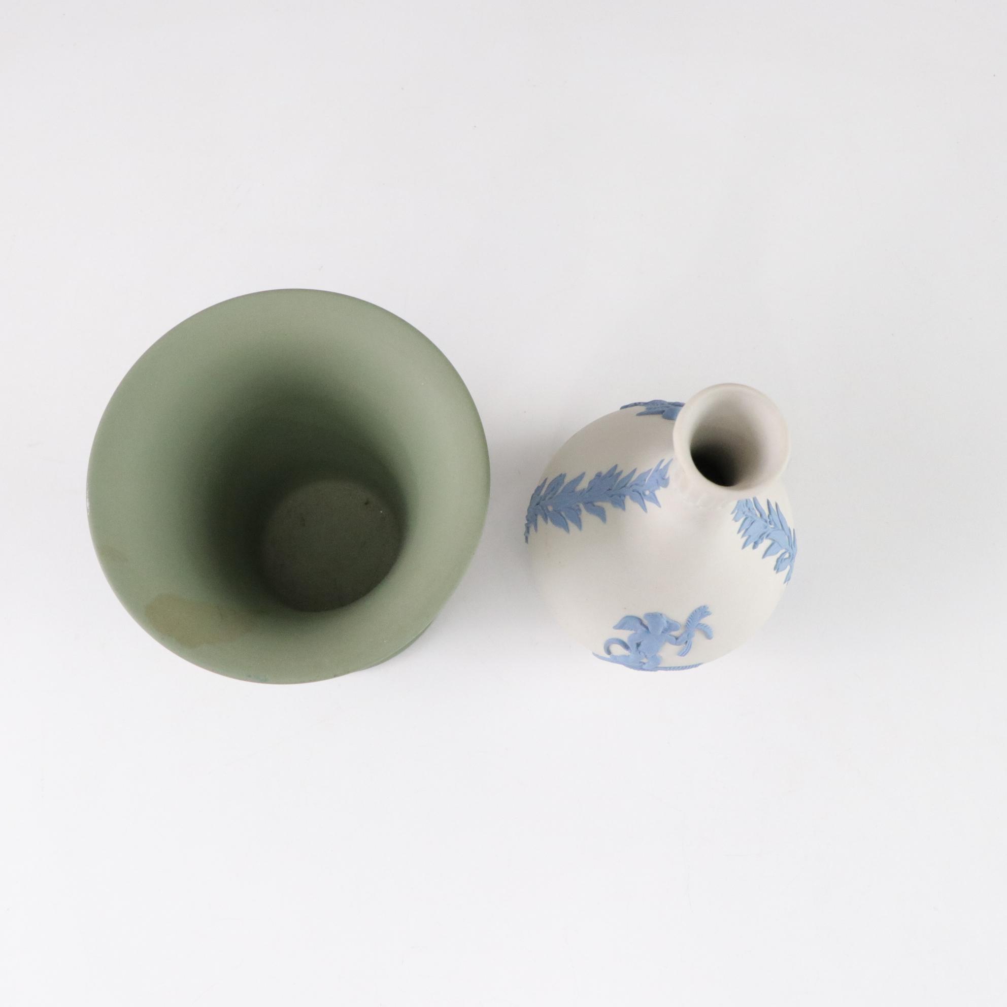 Wedgwood Blue Jasperware Cherub Plates and Planter with Olive & Creme Vases