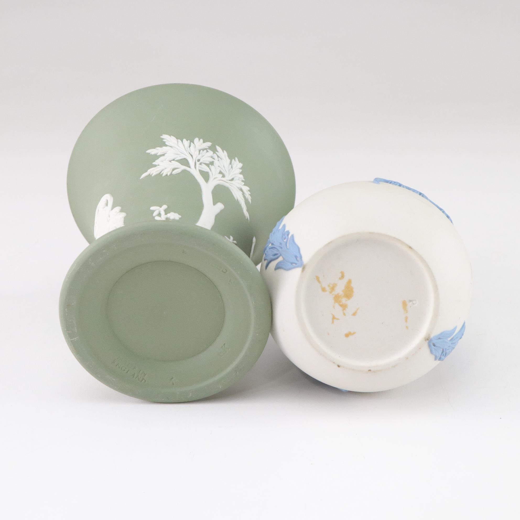 Wedgwood Blue Jasperware Cherub Plates and Planter with Olive & Creme Vases