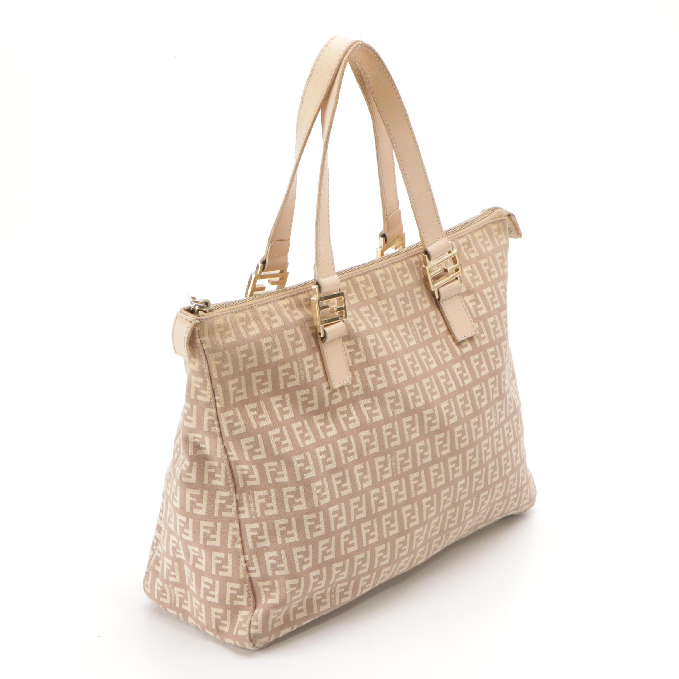 Fendi Handbag in Beige Zucchino Jacquard Canvas and Leather
