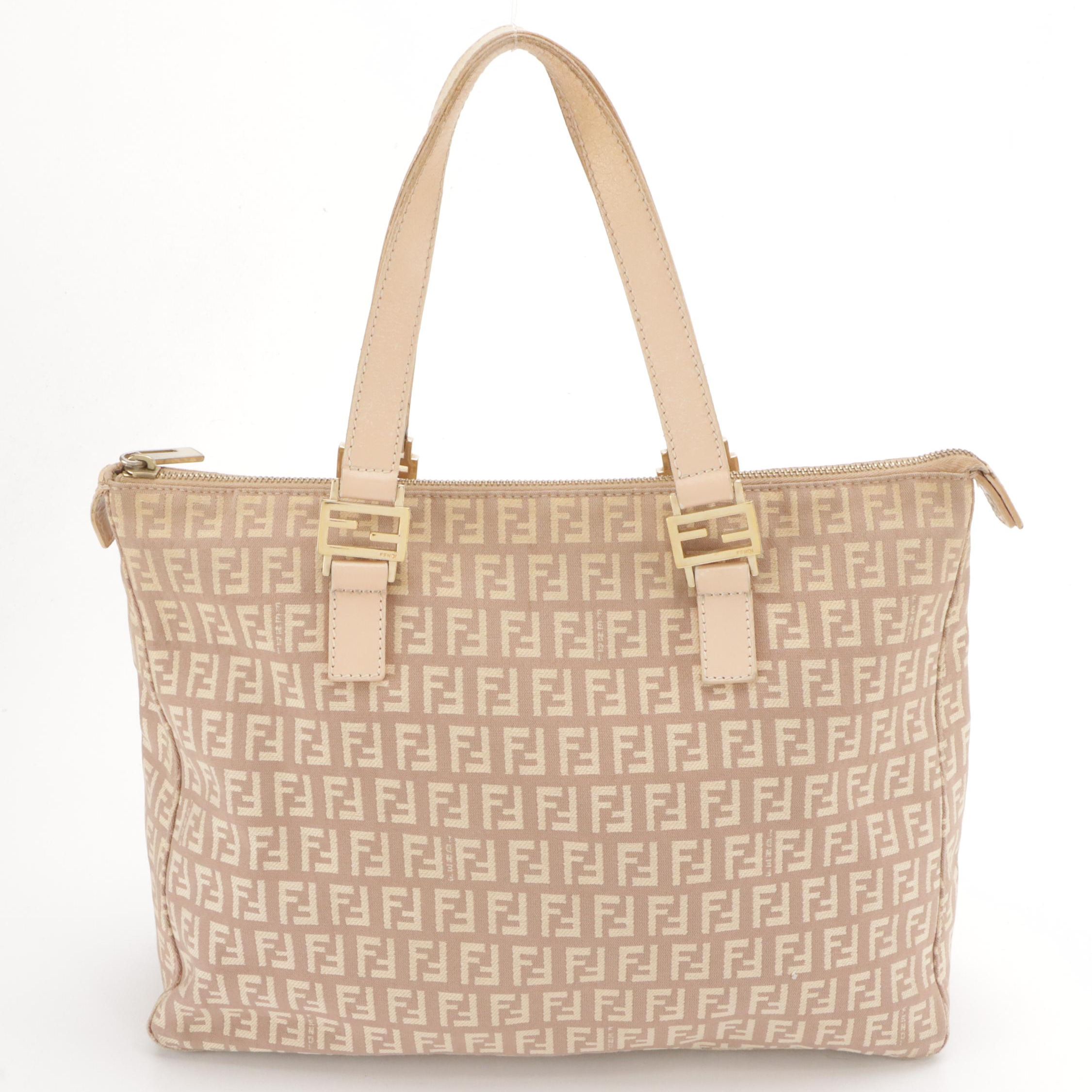 Fendi Handbag in Beige Zucchino Jacquard Canvas and Leather