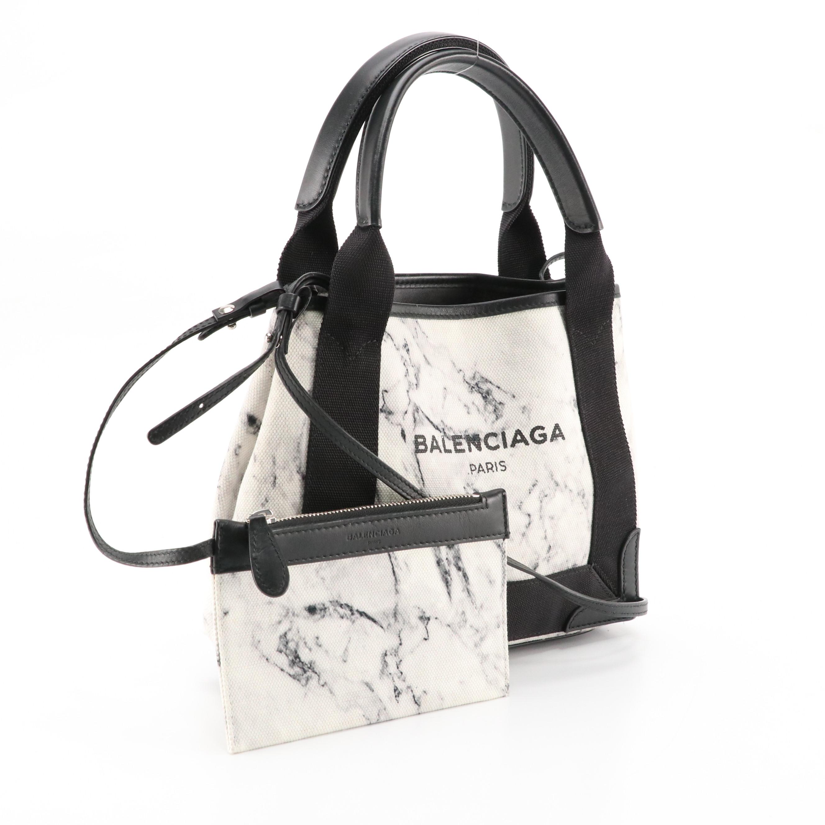 Balenciaga Marble Cabas Canvas and Leather Two-Way Bag with Zip Pouch